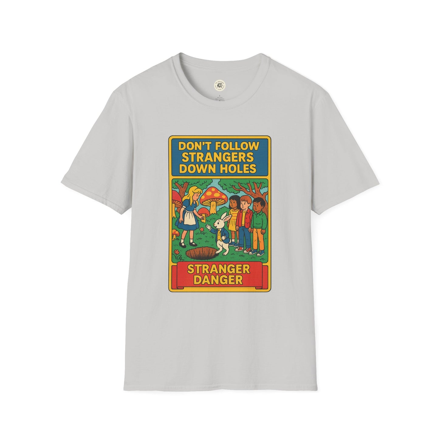 Printify Alice in Wonderland graphic tee with colorful Stranger Danger design on light gray shirt