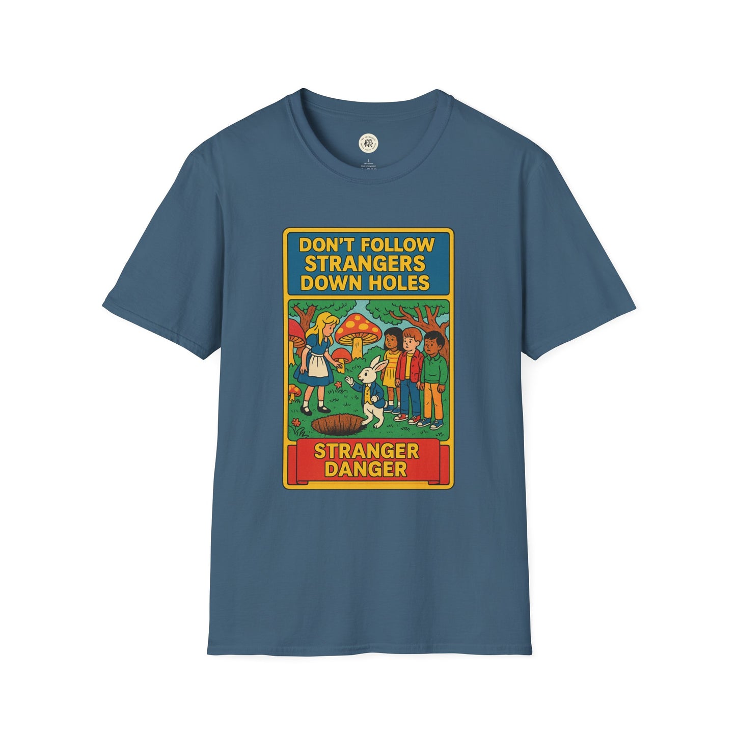 Printify Alice in Wonderland graphic tee in blue with colorful Stranger Danger cartoon design