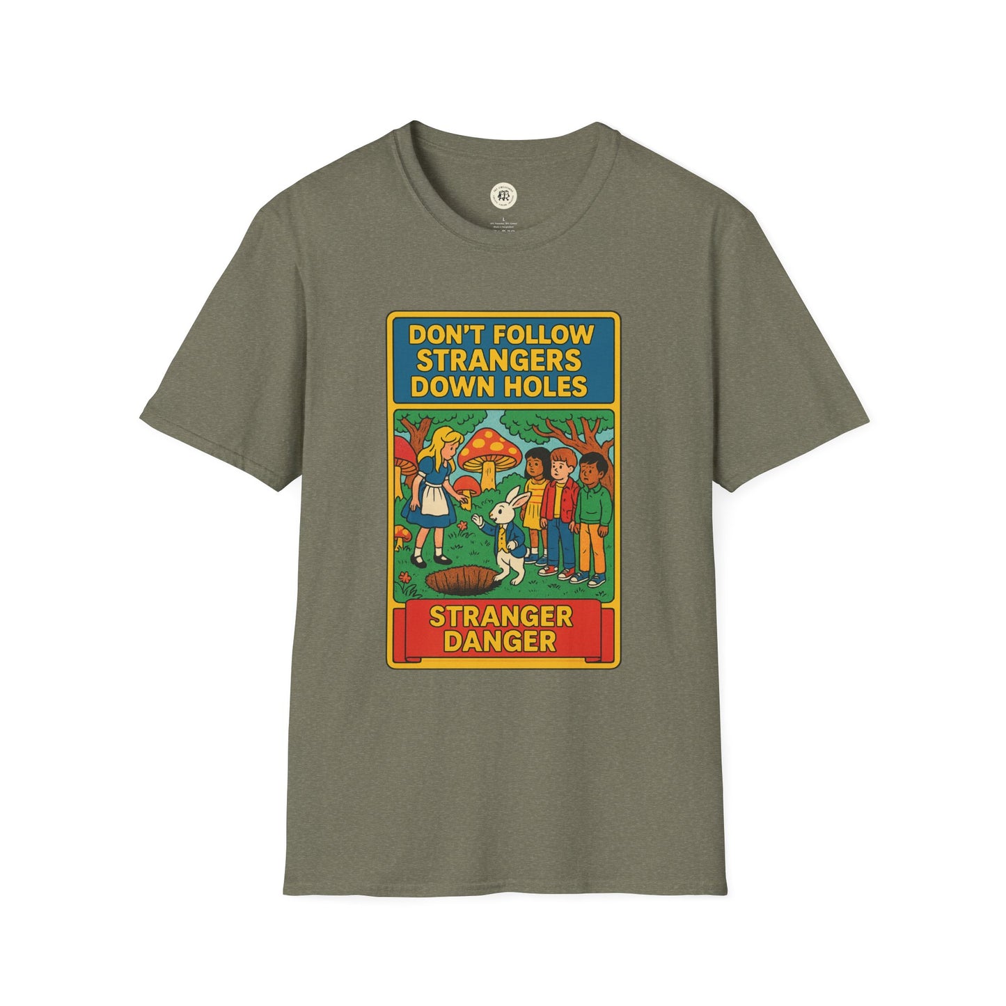 Printify Alice in Wonderland graphic tee with colorful stranger danger illustration on olive green shirt