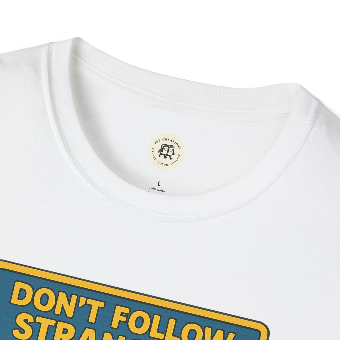 White Printify T-shirt featuring Alice in Wonderland graphic tee with colorful text design