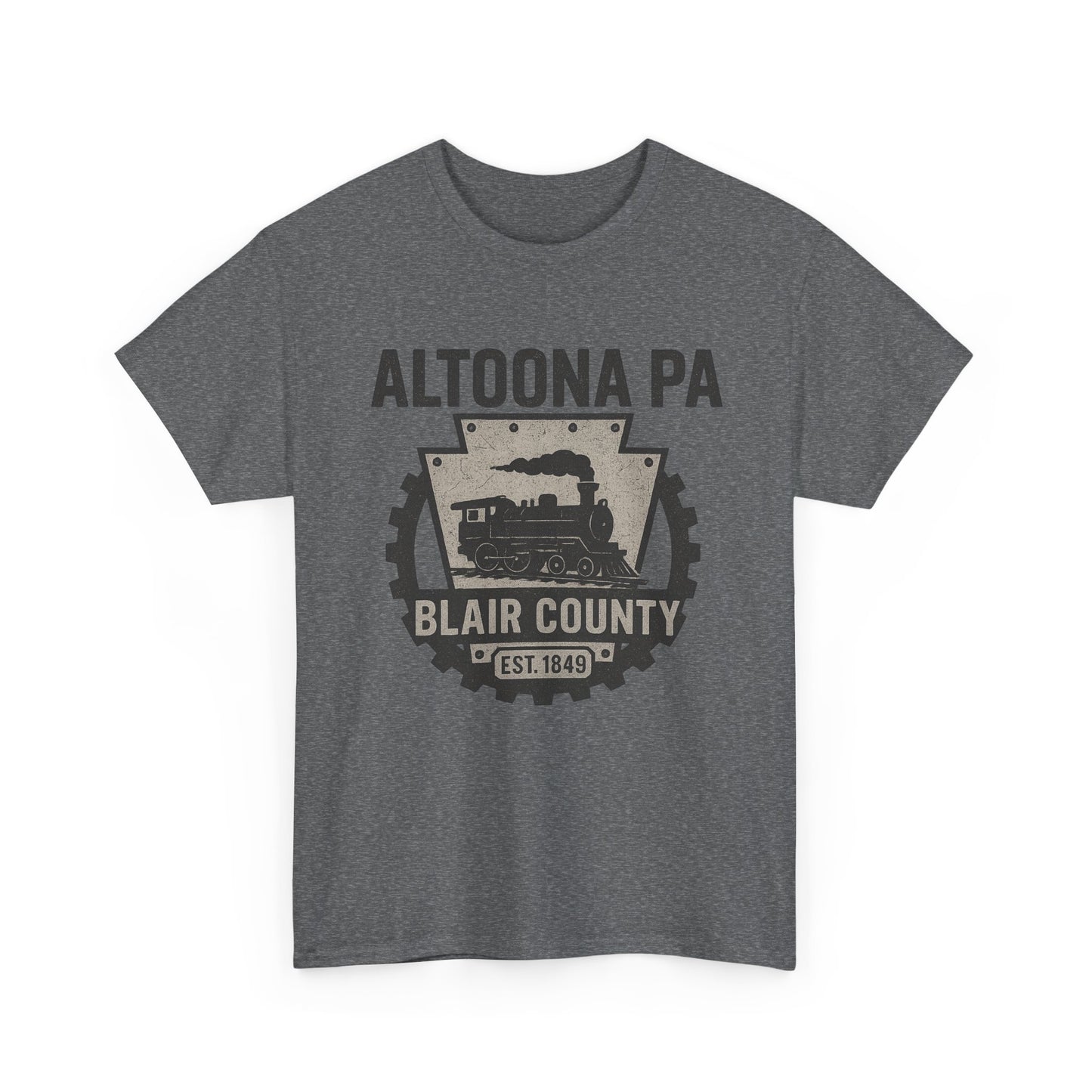 Gray Altoona PA t-shirt by Printify featuring Blair County vintage train graphic design
