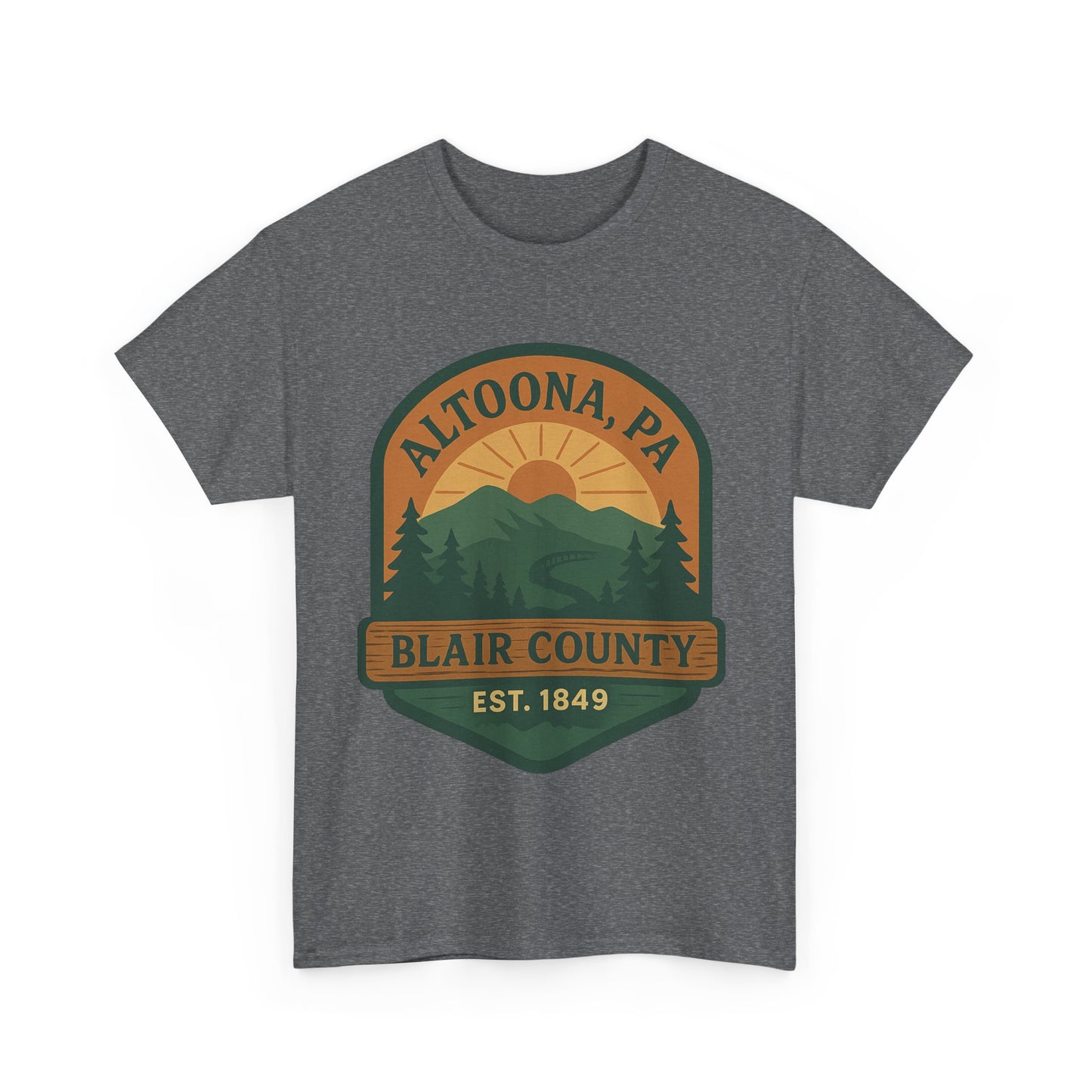 Gray Printify Altoona adventure t-shirt with Blair County mountain and sunset graphic design1