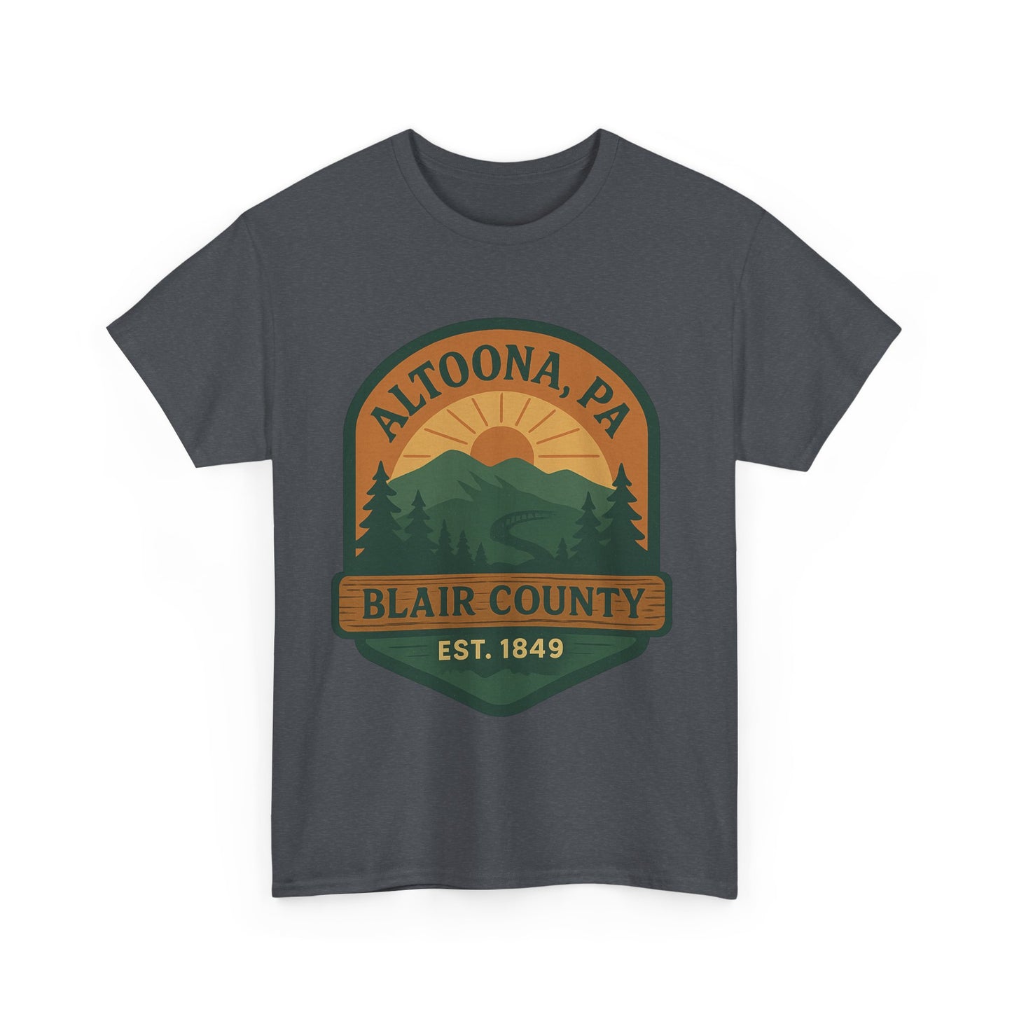 Printify Altoona adventure t-shirt in dark gray with mountain and sunset graphic design