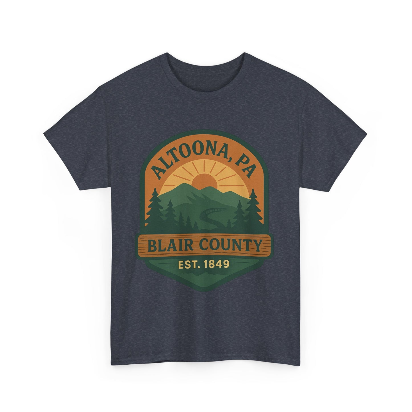 Altoona adventure t-shirt with Blair County mountain design and sunset graphic in dark gray