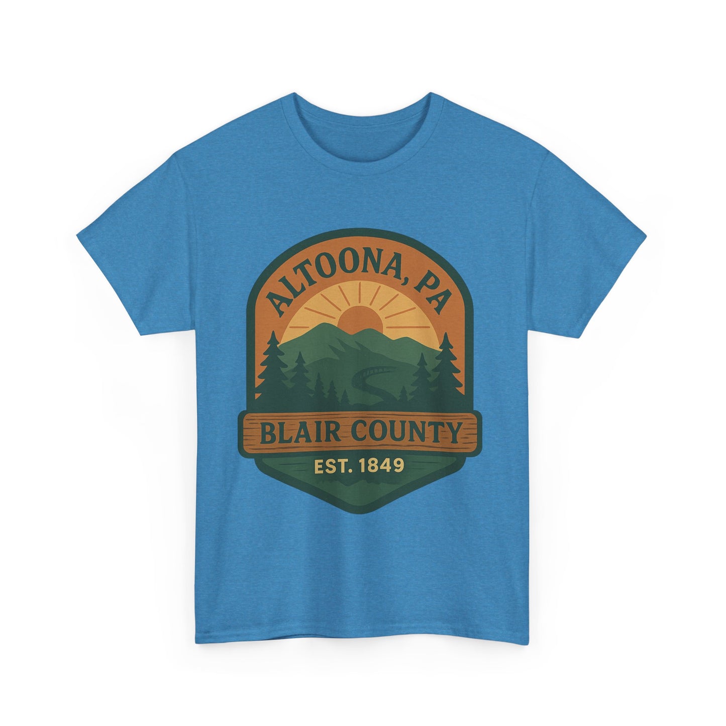Blue Printify Altoona adventure t-shirt with Blair County mountain and sunset graphic