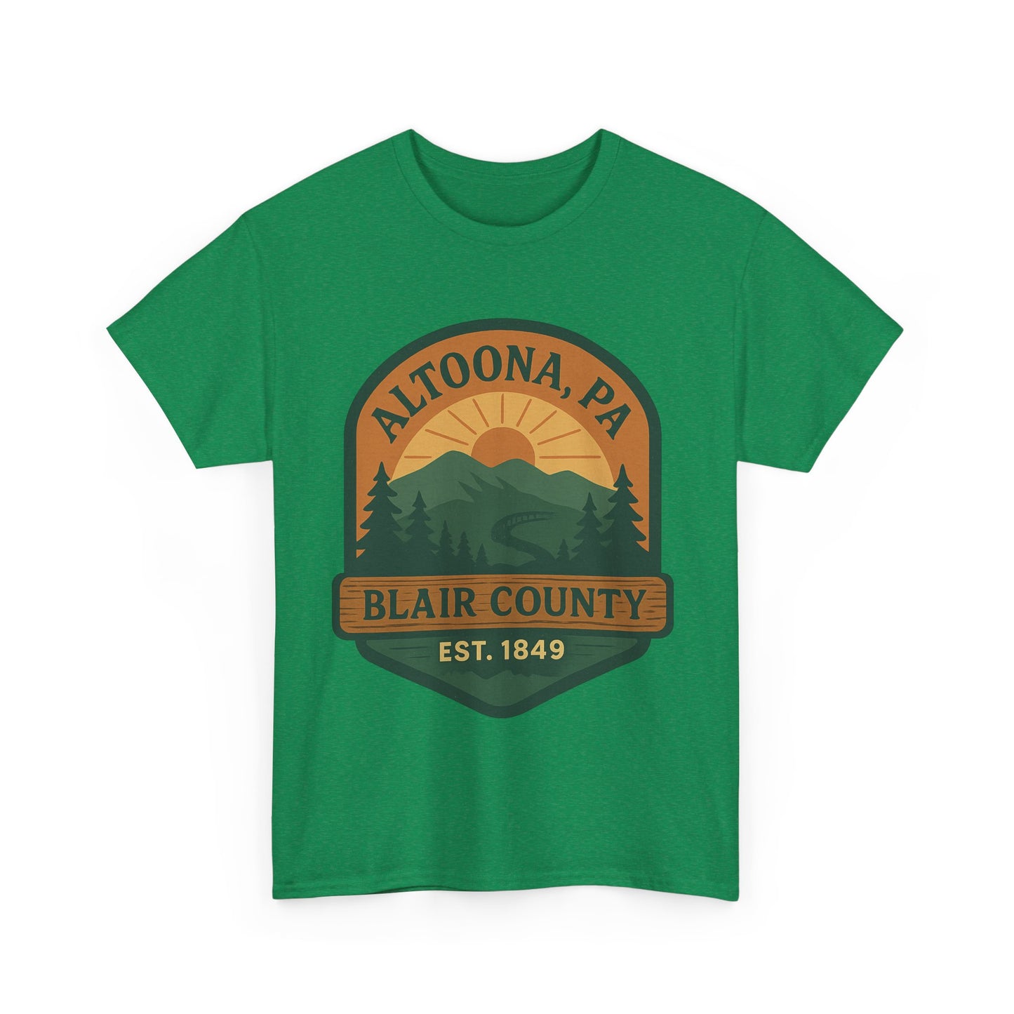Green Printify Altoona adventure t-shirt with Blair County mountain sunrise design