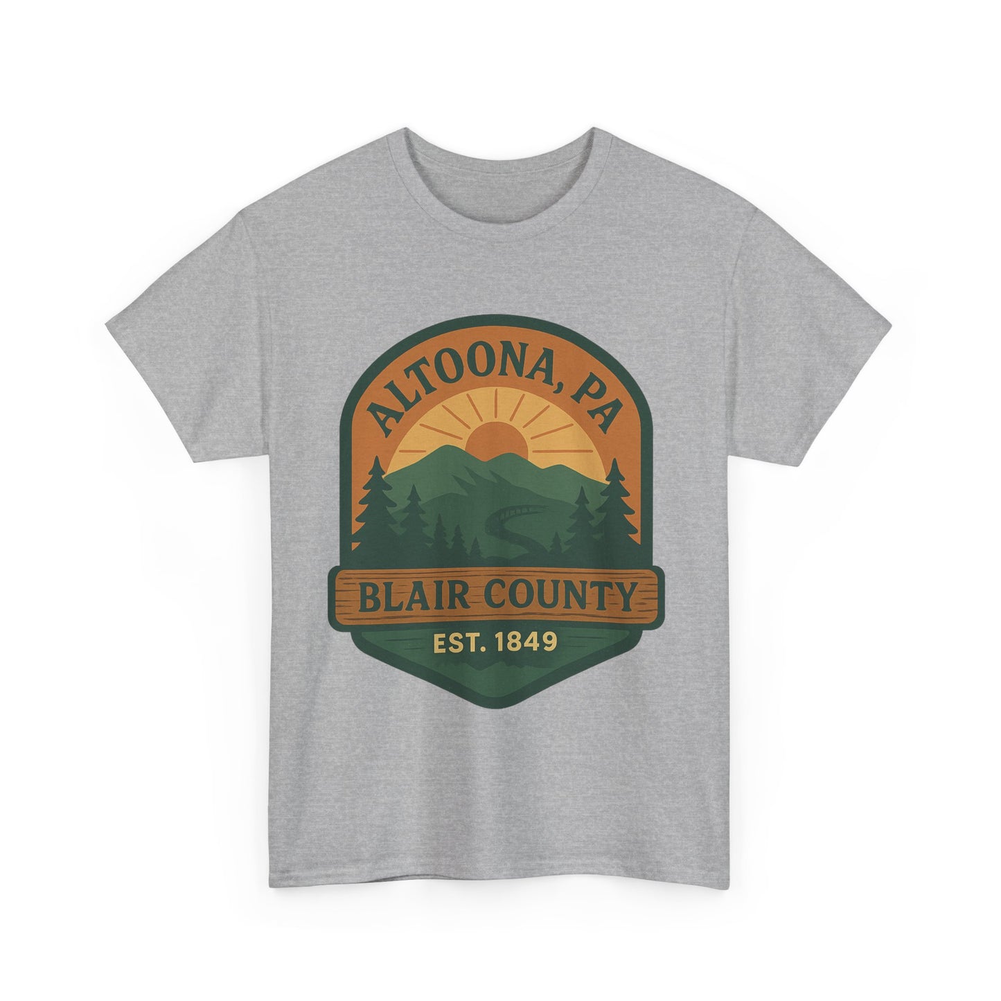 Gray Printify Altoona adventure t-shirt with Blair County mountain and sunset graphic design