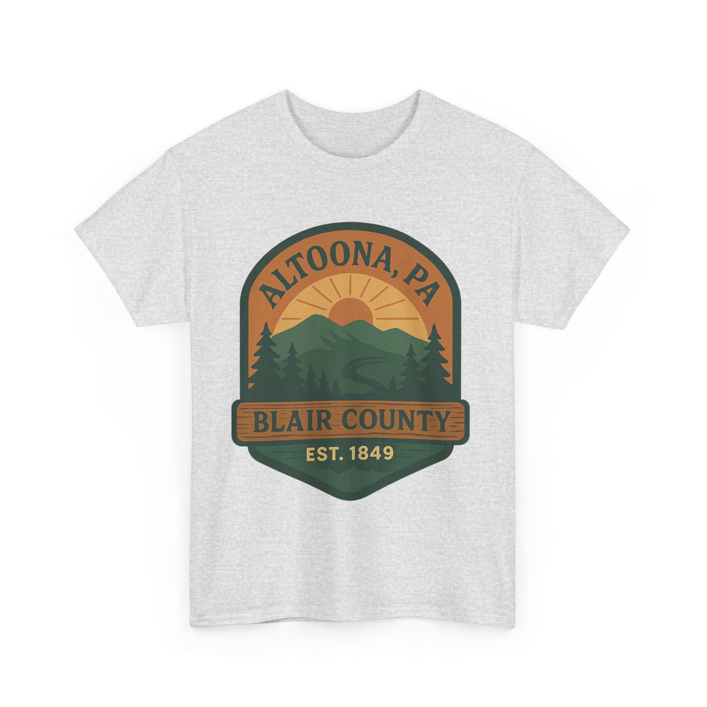 Printify gray Altoona adventure t-shirt with Blair County mountain and sunset graphic design