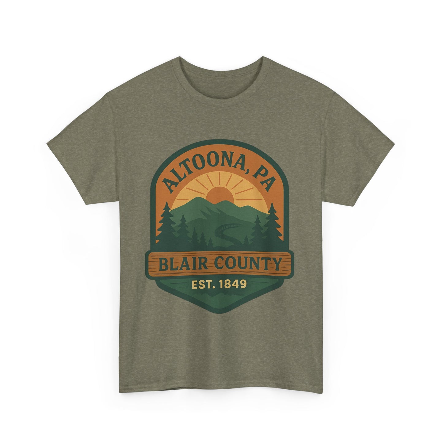 Printify Altoona adventure t-shirt with Blair County mountain and sunset graphic in green