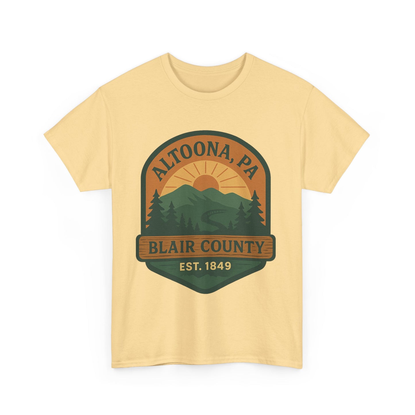 Yellow Altoona adventure t-shirt featuring Blair County mountain and sunset graphic printed by Printify