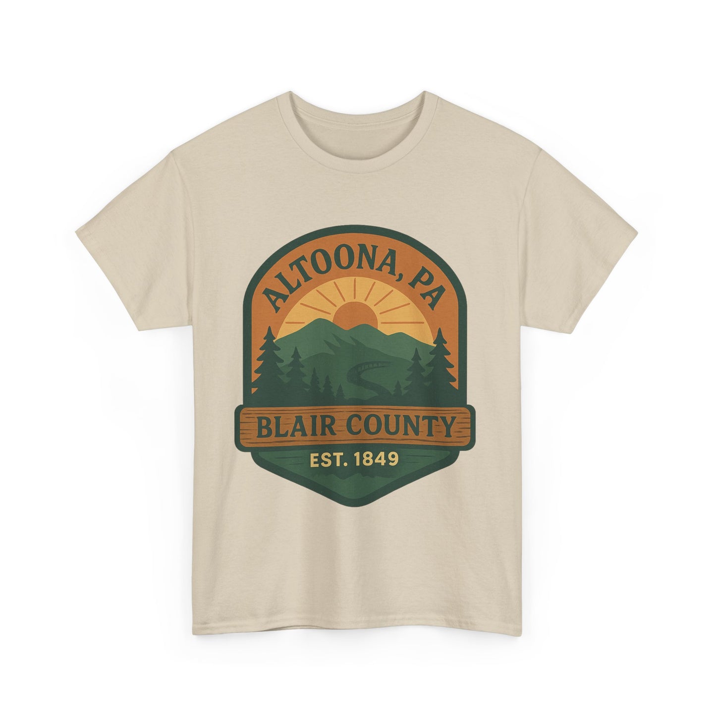 Beige Printify Altoona adventure t-shirt with Blair County scenic design and sunset graphic