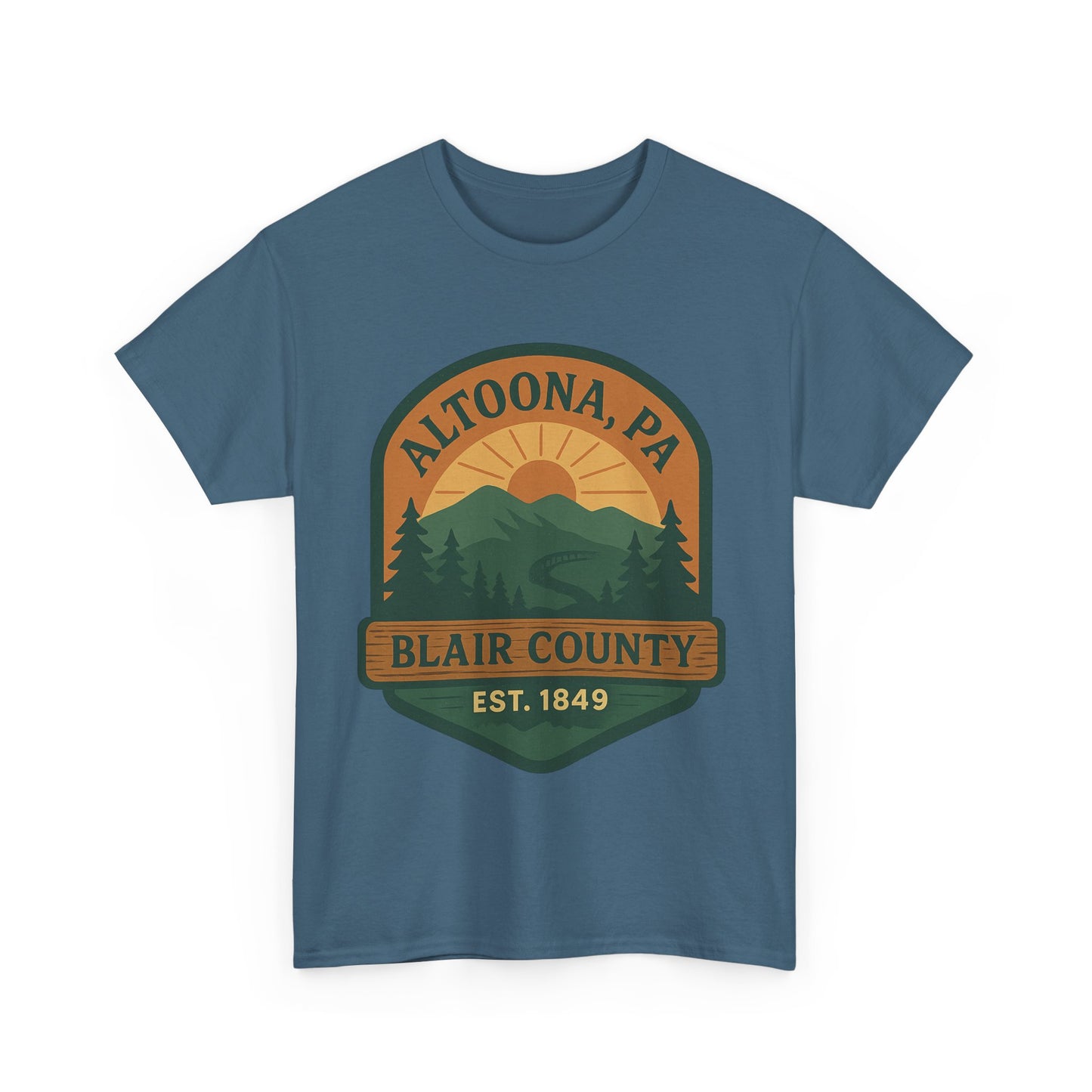 Blue Altoona adventure t-shirt by Printify with Blair County nature design and sunset graphic