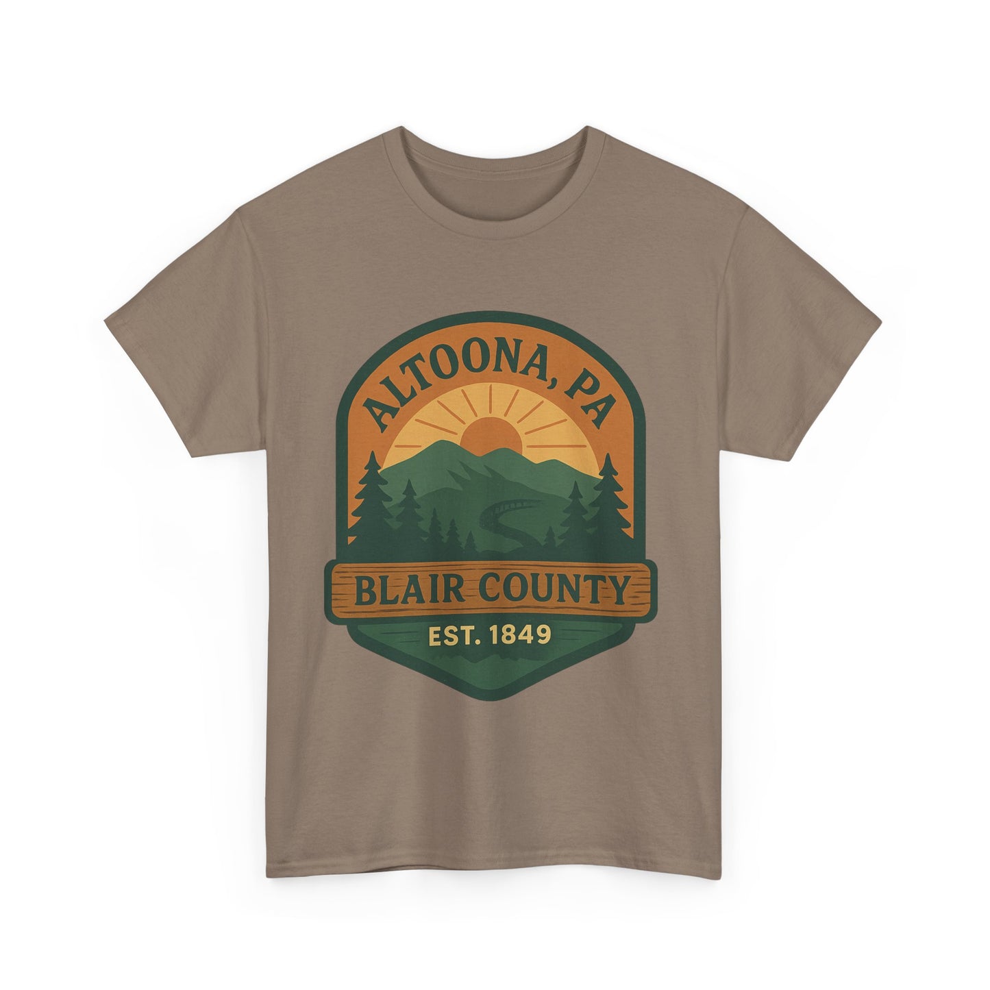Printify Altoona adventure t-shirt with Blair County mountain and sunrise design in earthy tones