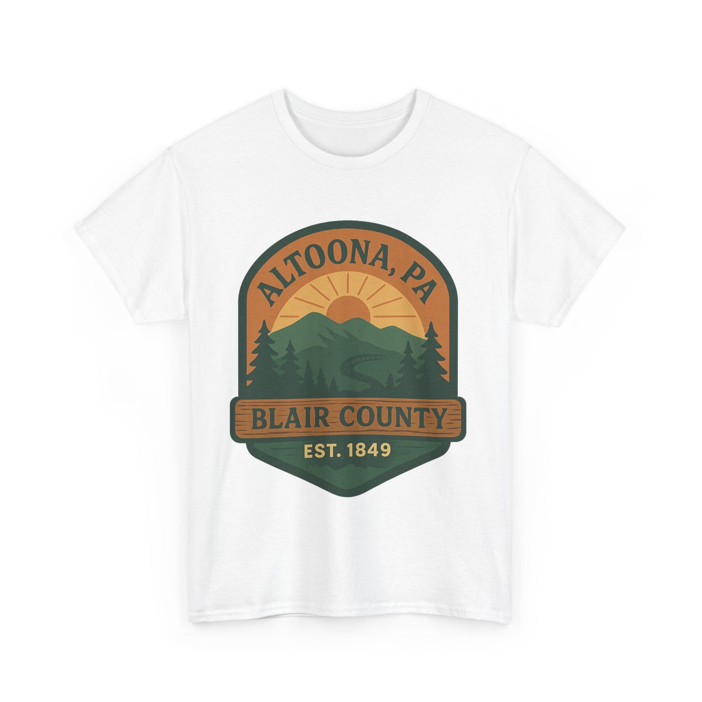 White Printify t-shirt featuring Altoona adventure t-shirt design with mountain and sunrise graphic