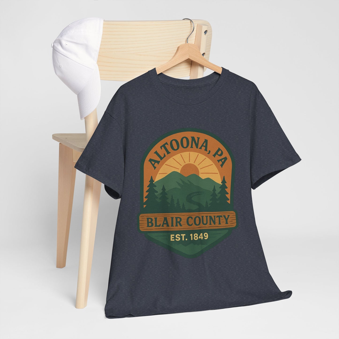 Printify Altoona adventure t-shirt in dark color with mountain and forest graphic design