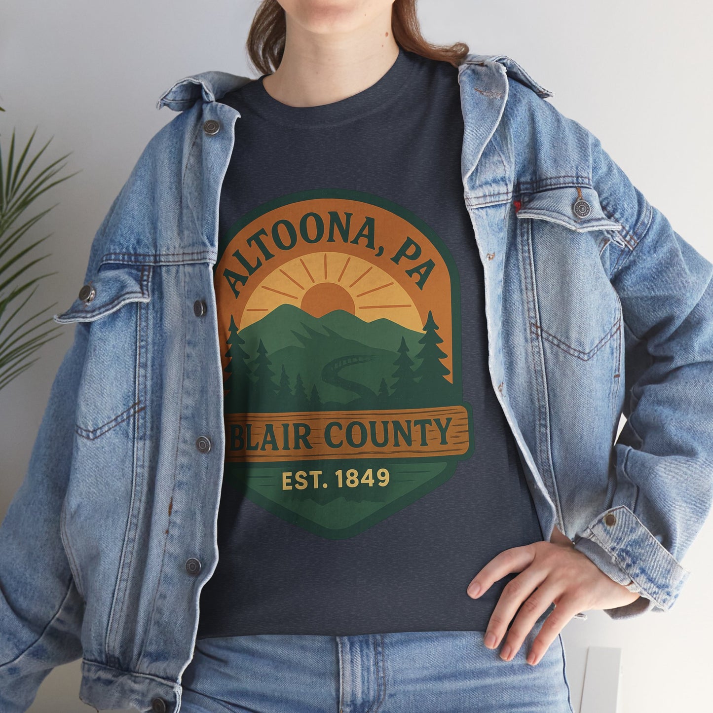 Altoona adventure t-shirt with Blair County design worn under denim jacket