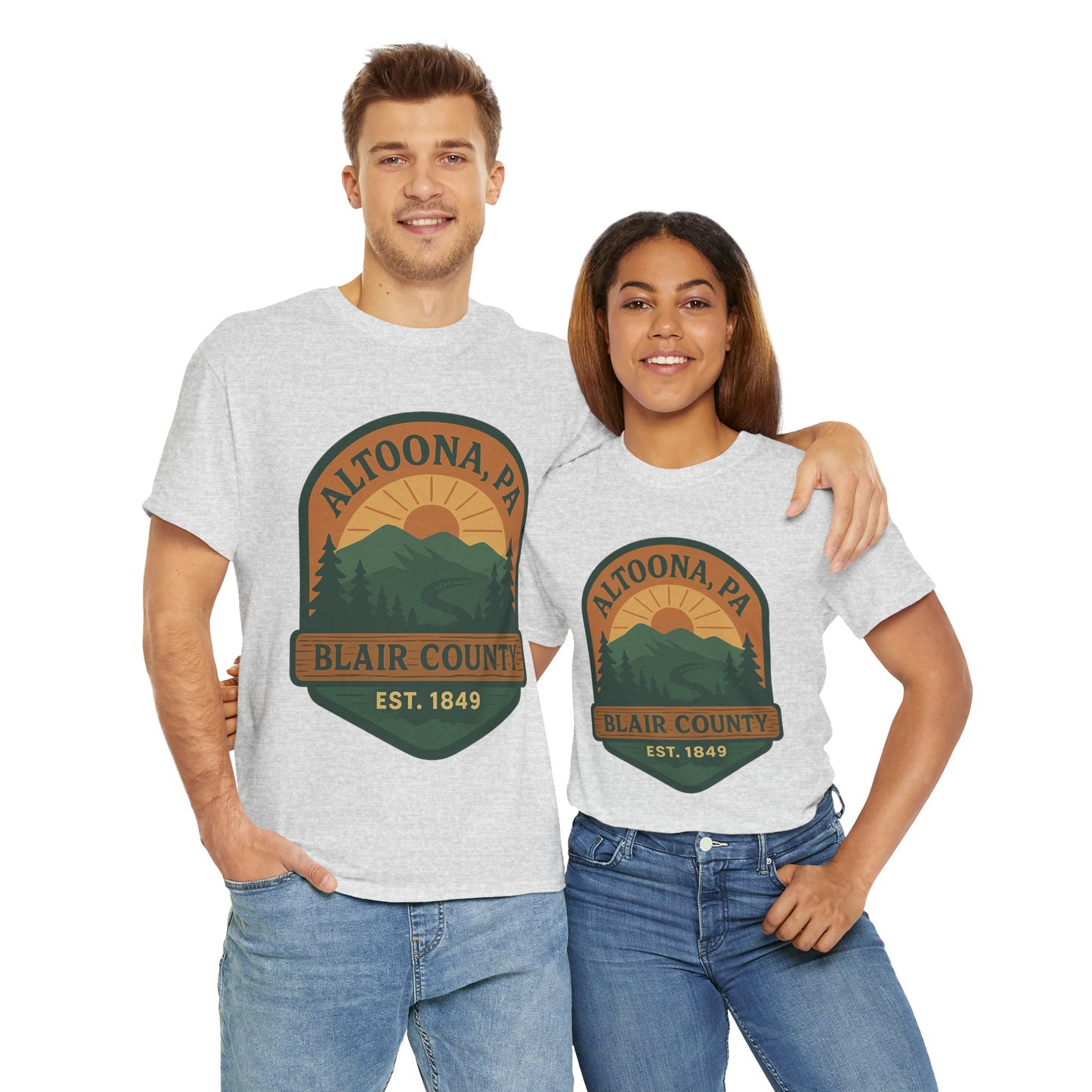 Altoona adventure t-shirt worn by man and woman with mountain and forest graphic design
