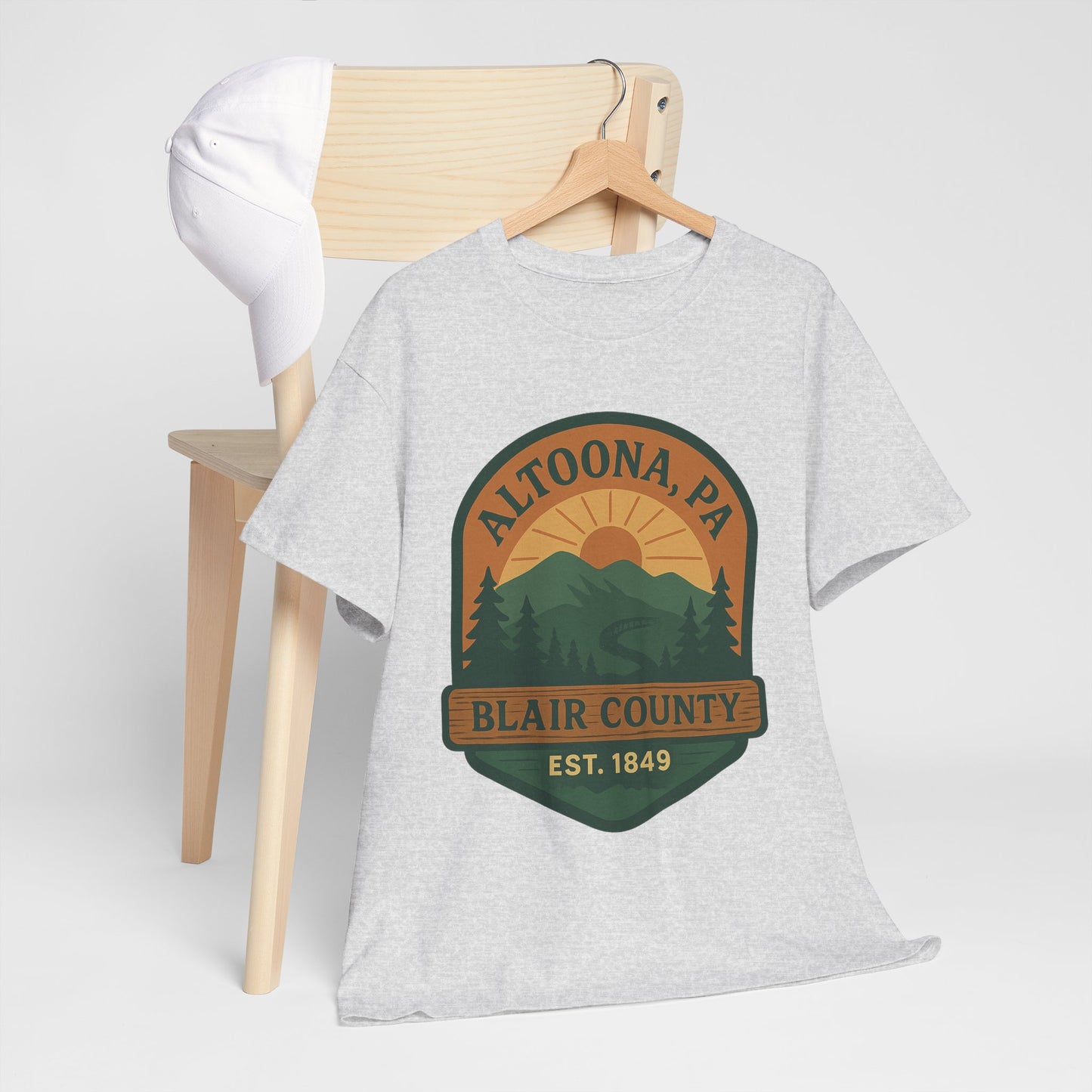 Printify Altoona adventure t-shirt in light gray with Blair County scenic mountain and sunset design