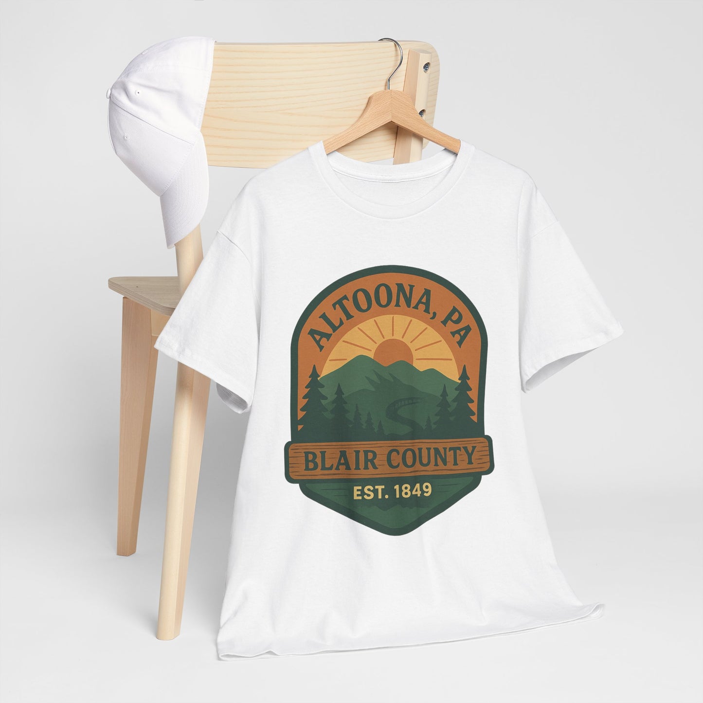 White Altoona adventure t-shirt by Printify featuring Blair County sunset and mountain design
