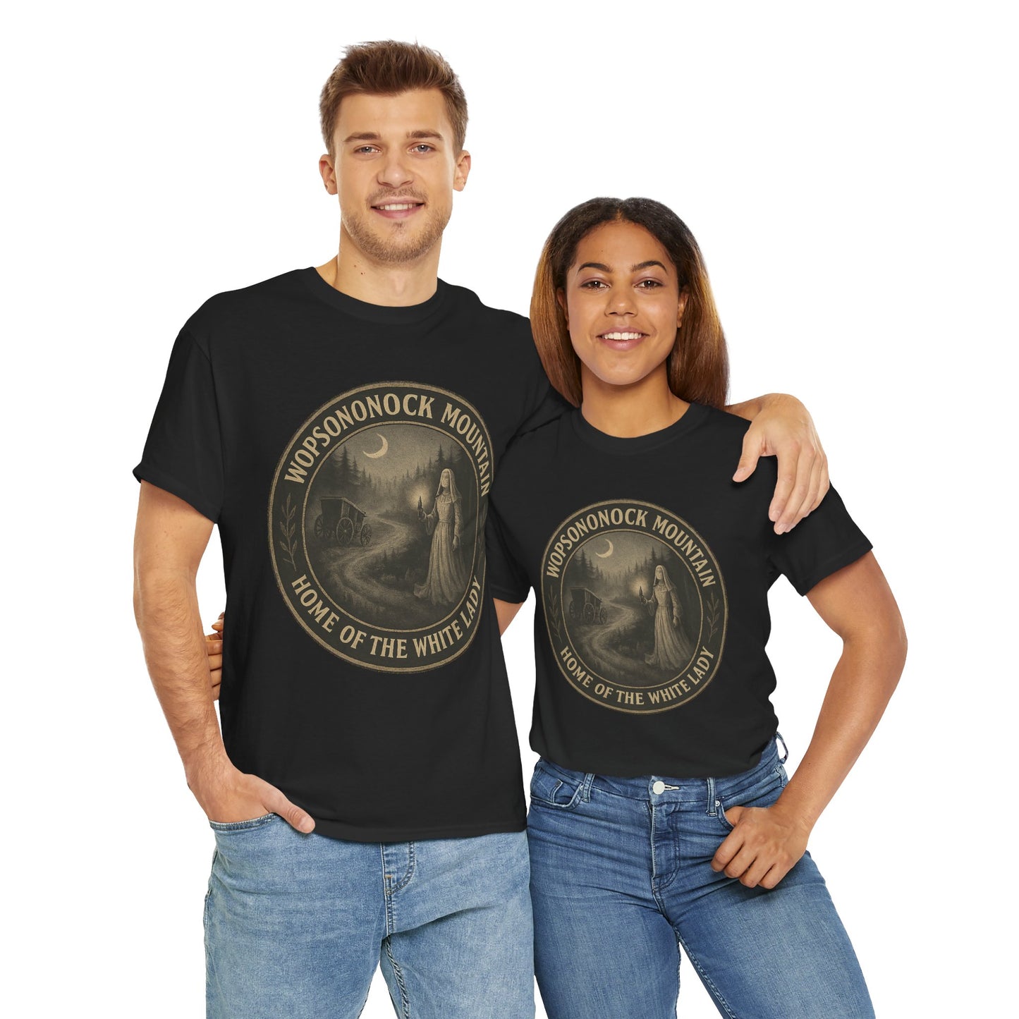 Black Printify T-Shirts featuring Altoona ghost shirt design with Wopsononock Mountain White Lady graphic