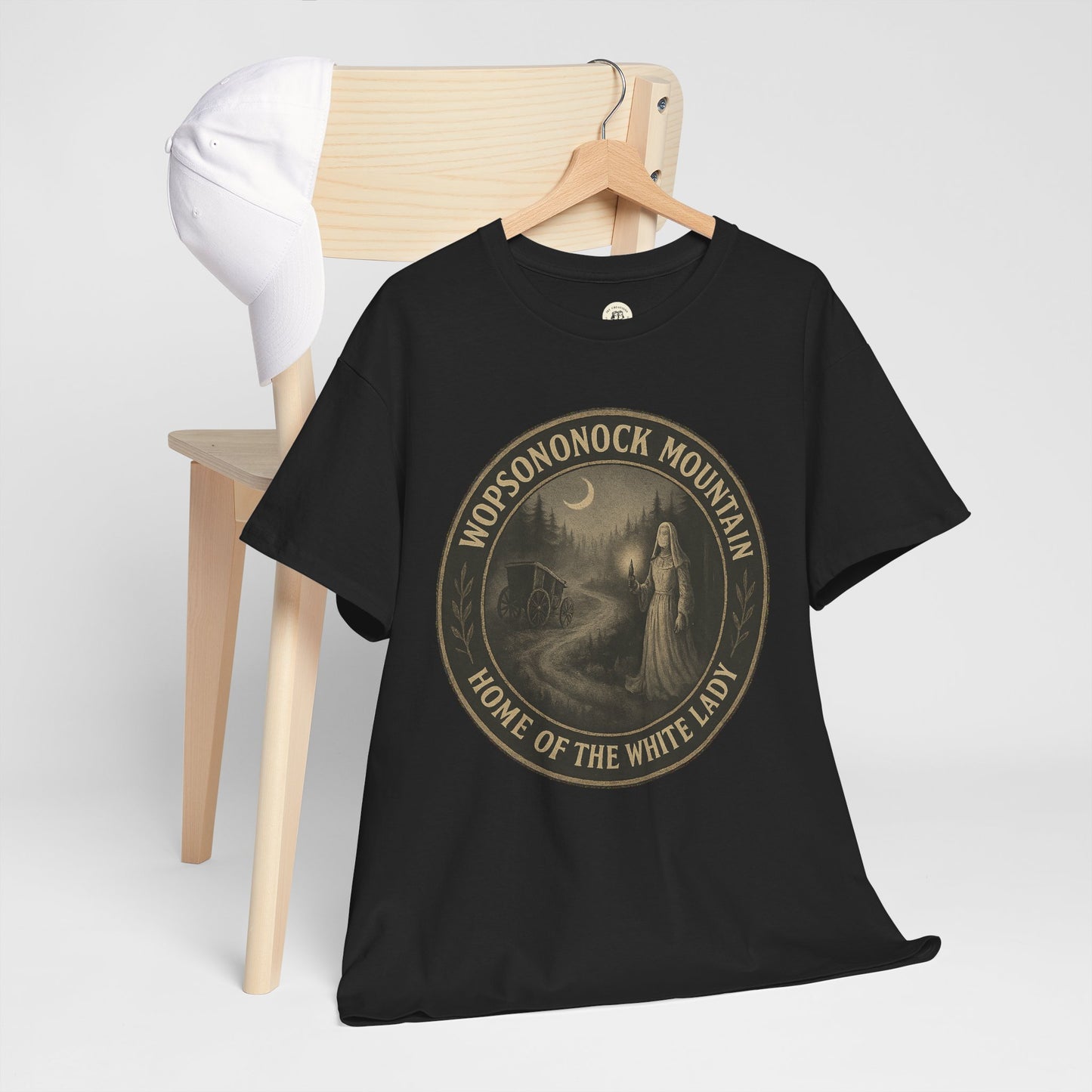 Black Printify T-shirt featuring Altoona ghost shirt design with white lady on Wopsononock Mountain print