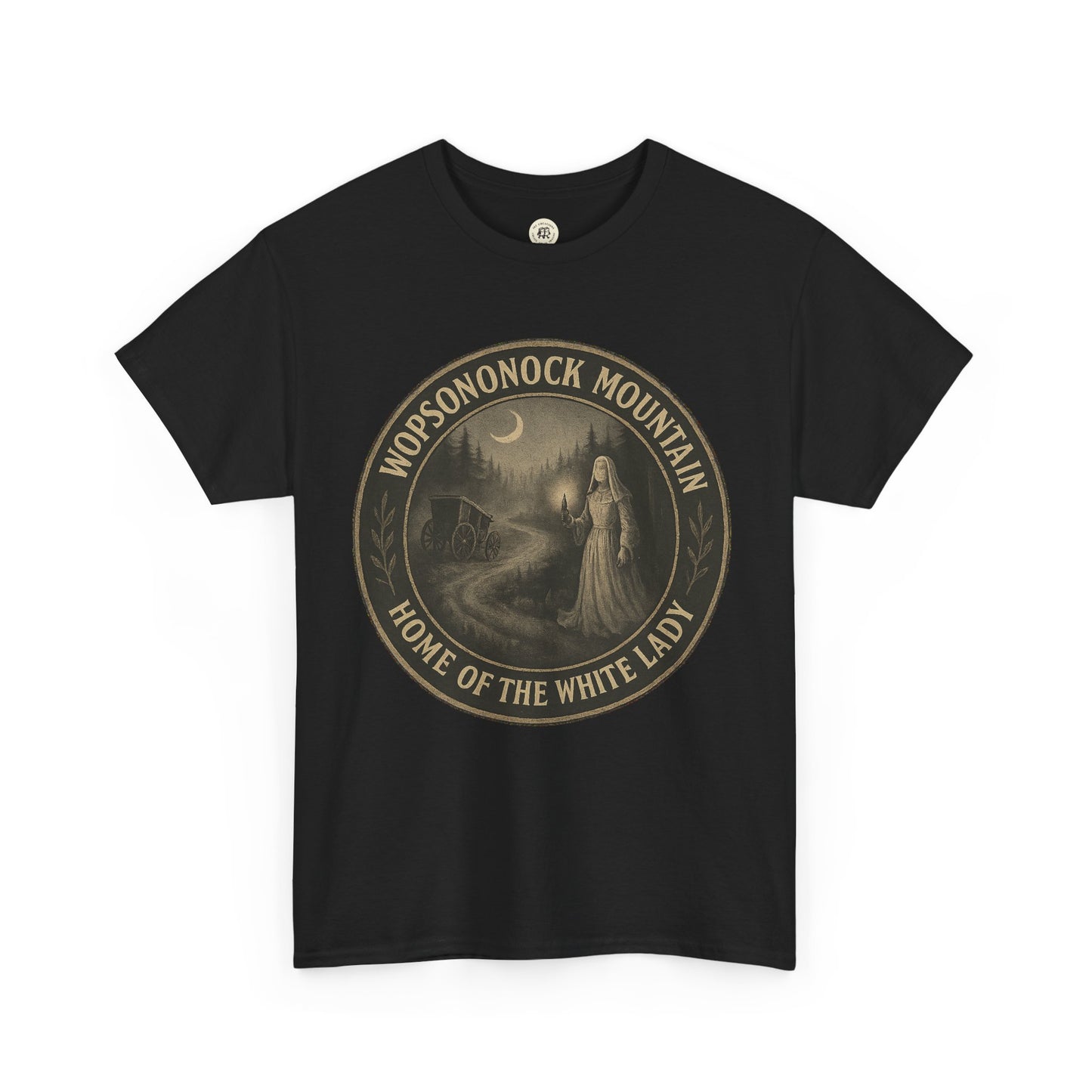 Black Printify T-shirt with Wopsononock Mountain and White Lady design Altoona ghost shirt