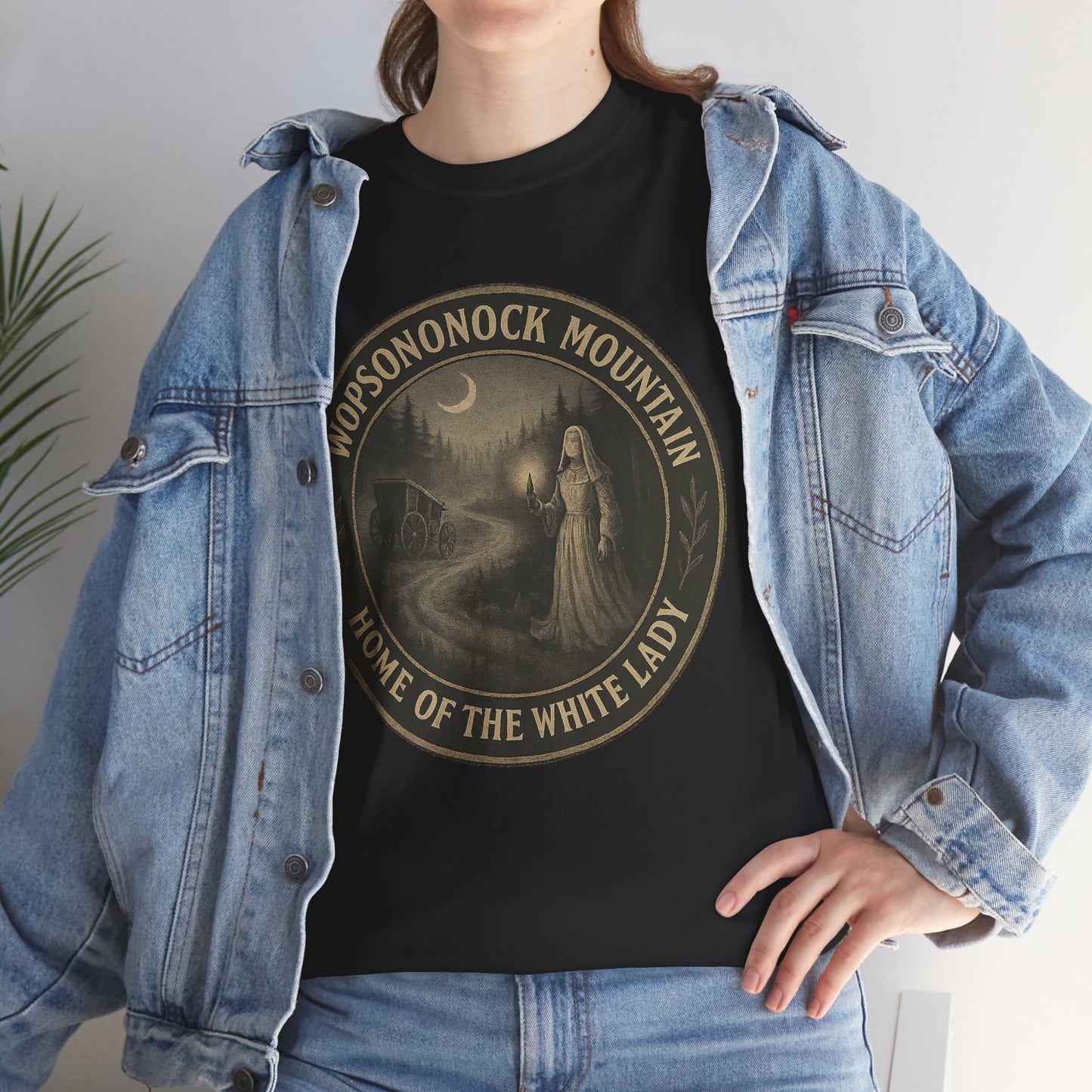 Black Altoona ghost shirt with Hopsononock Mountain White Lady graphic worn with denim jacket