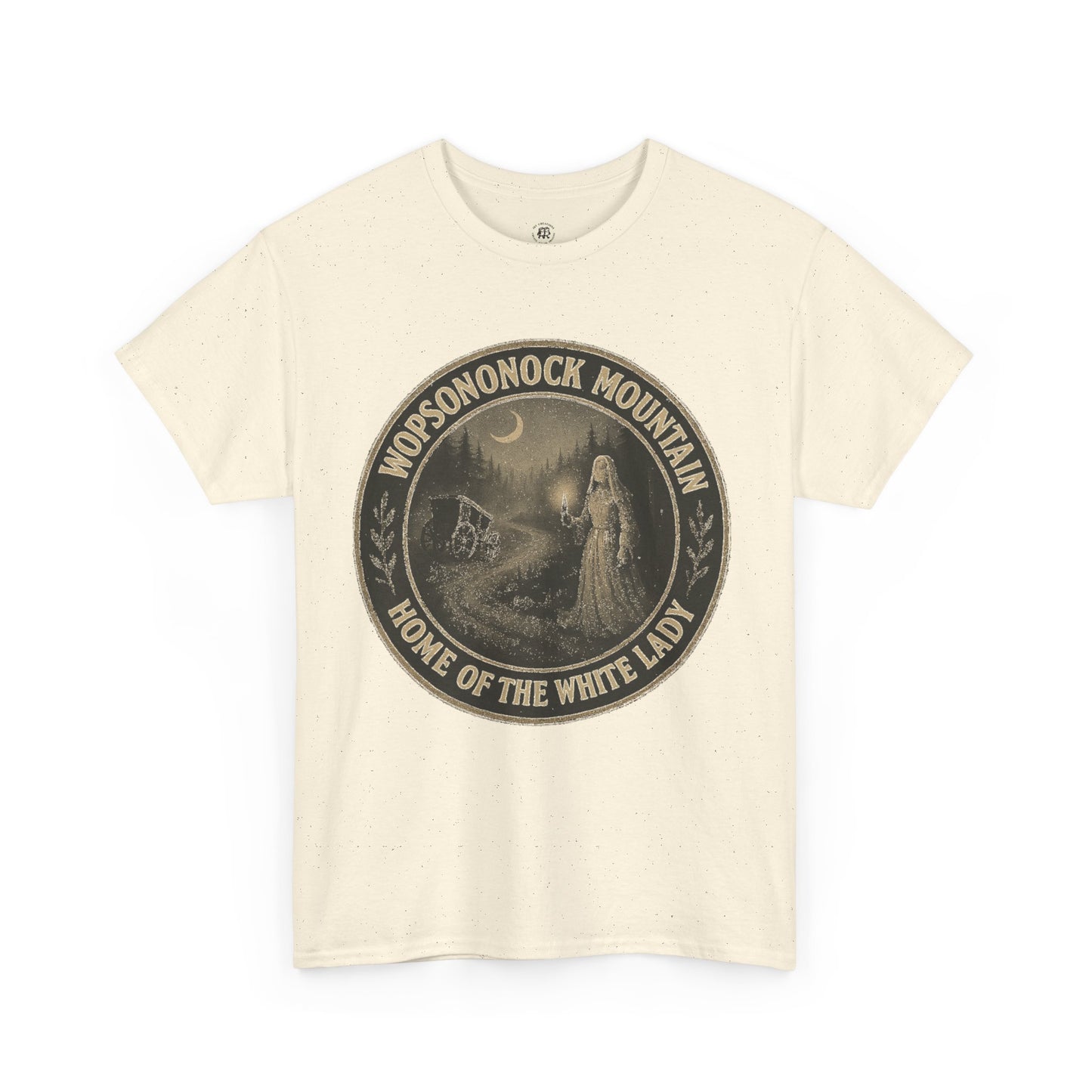 Printify beige T-shirt with vintage Wopsononock Mountain white lady design Altoona ghost shirt