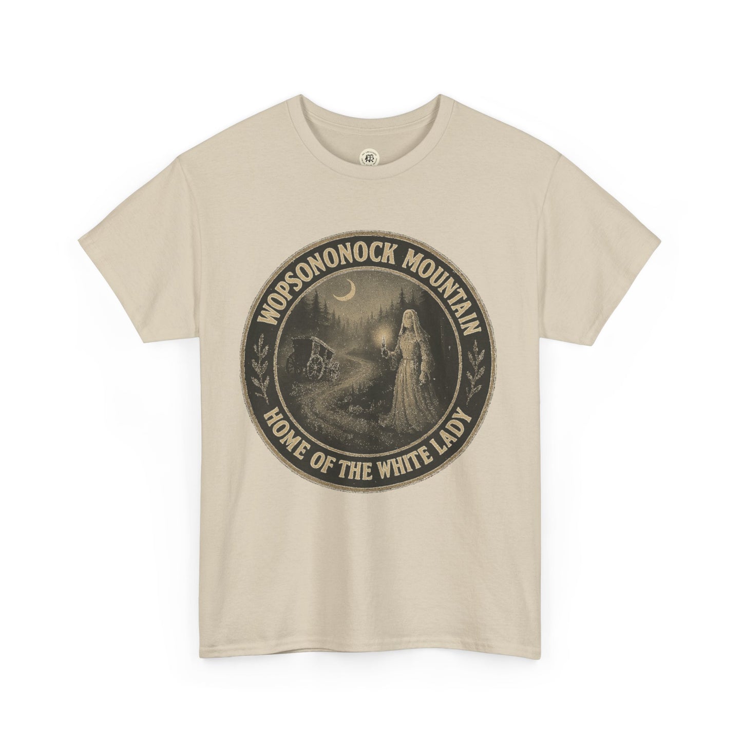 Printify beige T-shirt featuring vintage Wopsononock Mountain design with ghost figure for Altoona ghost shirt