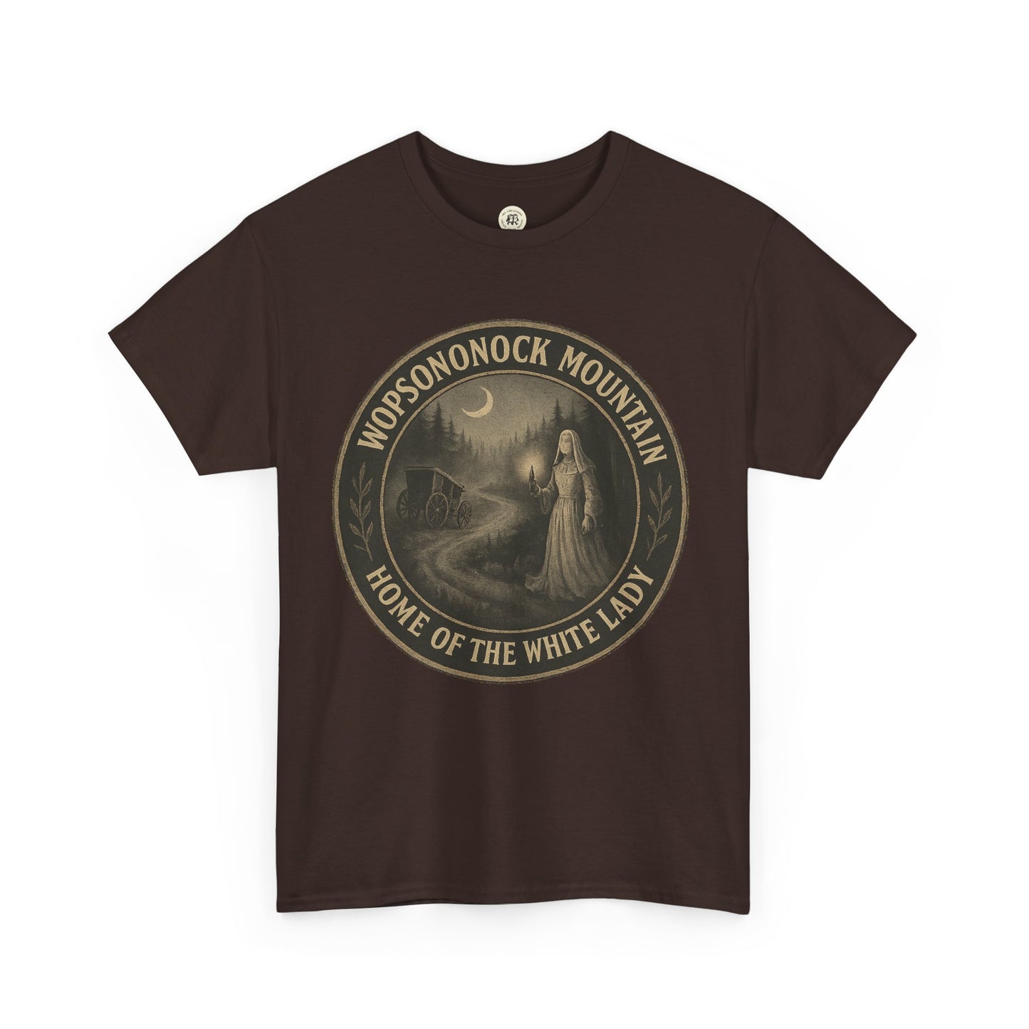 Printify brown T-shirt featuring Altoona ghost shirt design with White Lady on Wopsononock Mountain