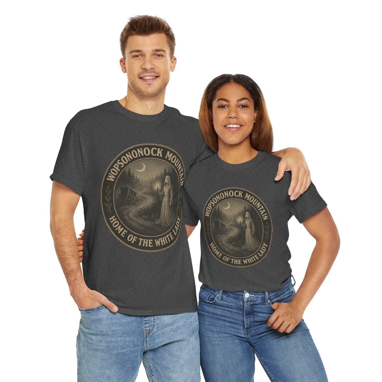 Printify Altoona ghost shirt with Wopsononock Mountain white lady design worn by man and woman