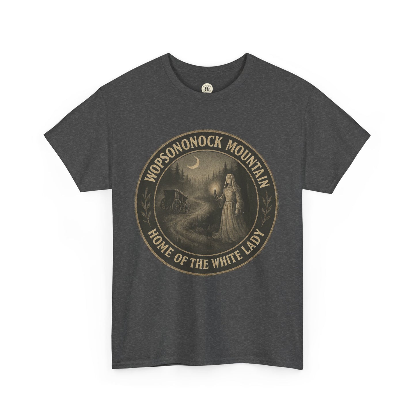 Dark gray Printify T-shirt featuring a vintage Wopsononock Mountain design with the White Lady ghost image Altoona ghost shirt