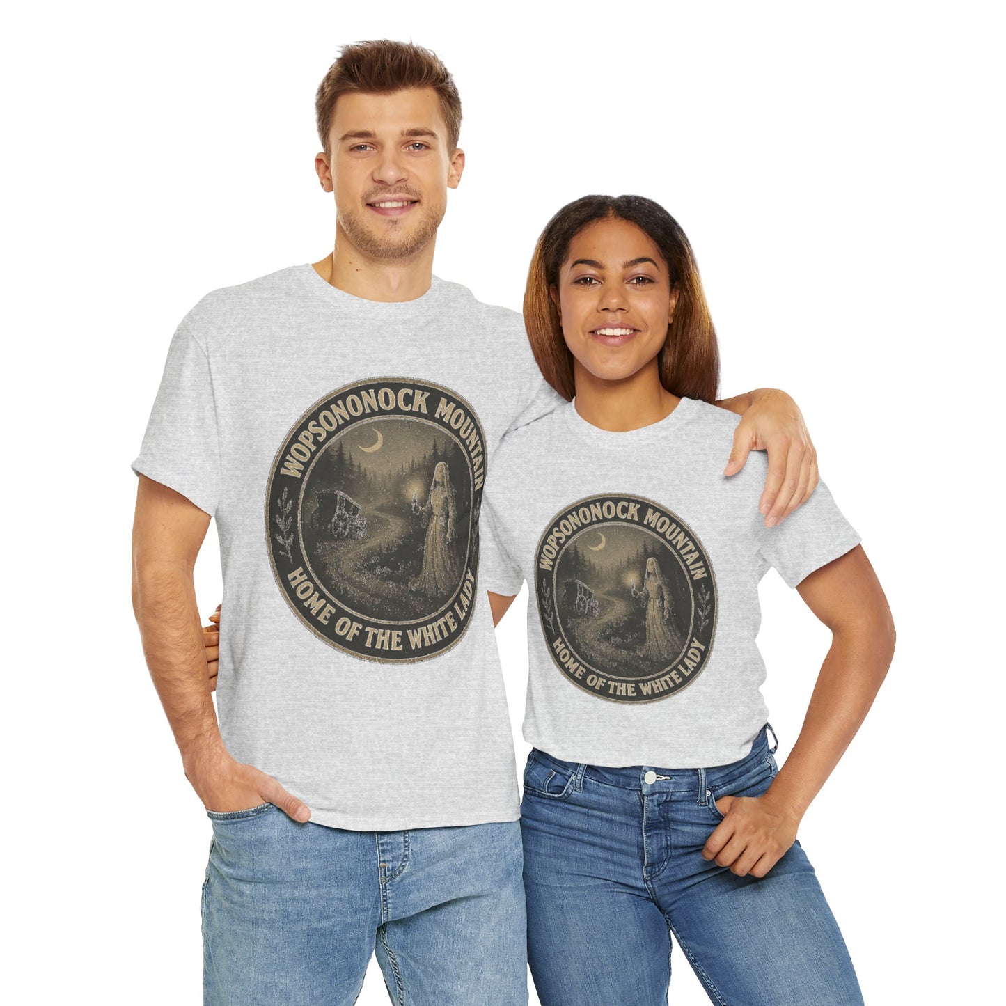 Printify Altoona ghost shirt with Wopsononock Mountain vintage design worn by man and woman