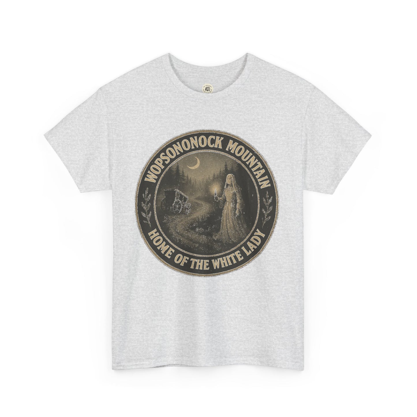 Printify gray T-shirt featuring Altoona ghost shirt design with Wopsononock Mountain white lady illustration