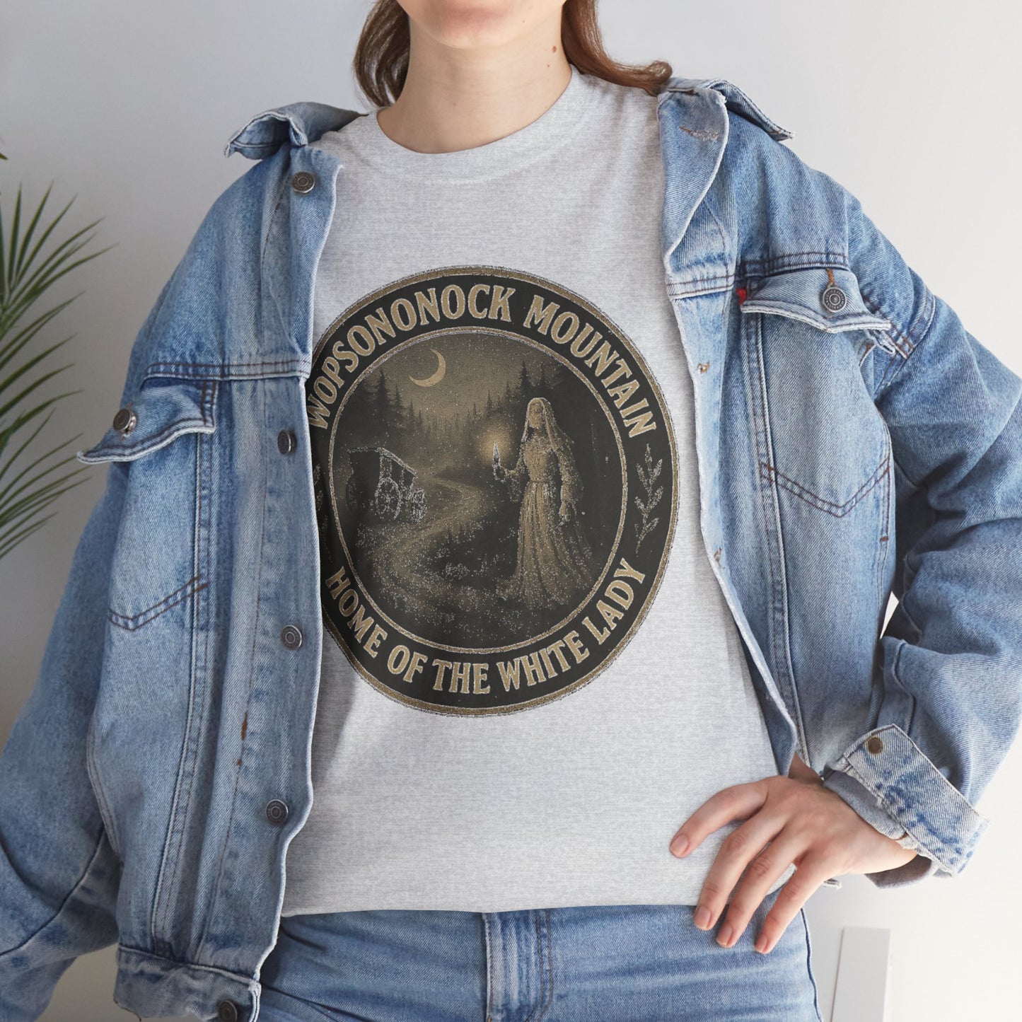 Altoona ghost shirt featuring Home of the White Lady graphic on gray Printify t-shirt worn with denim jacket
