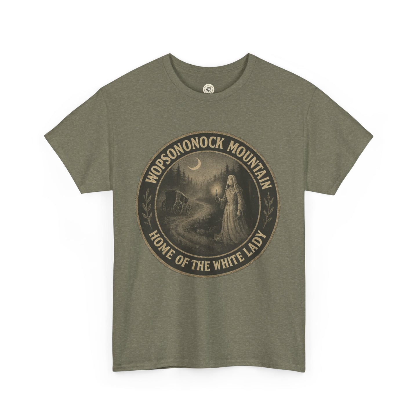 Printify olive green T-shirt featuring Wopsononock Mountain White Lady design Altoona ghost shirt