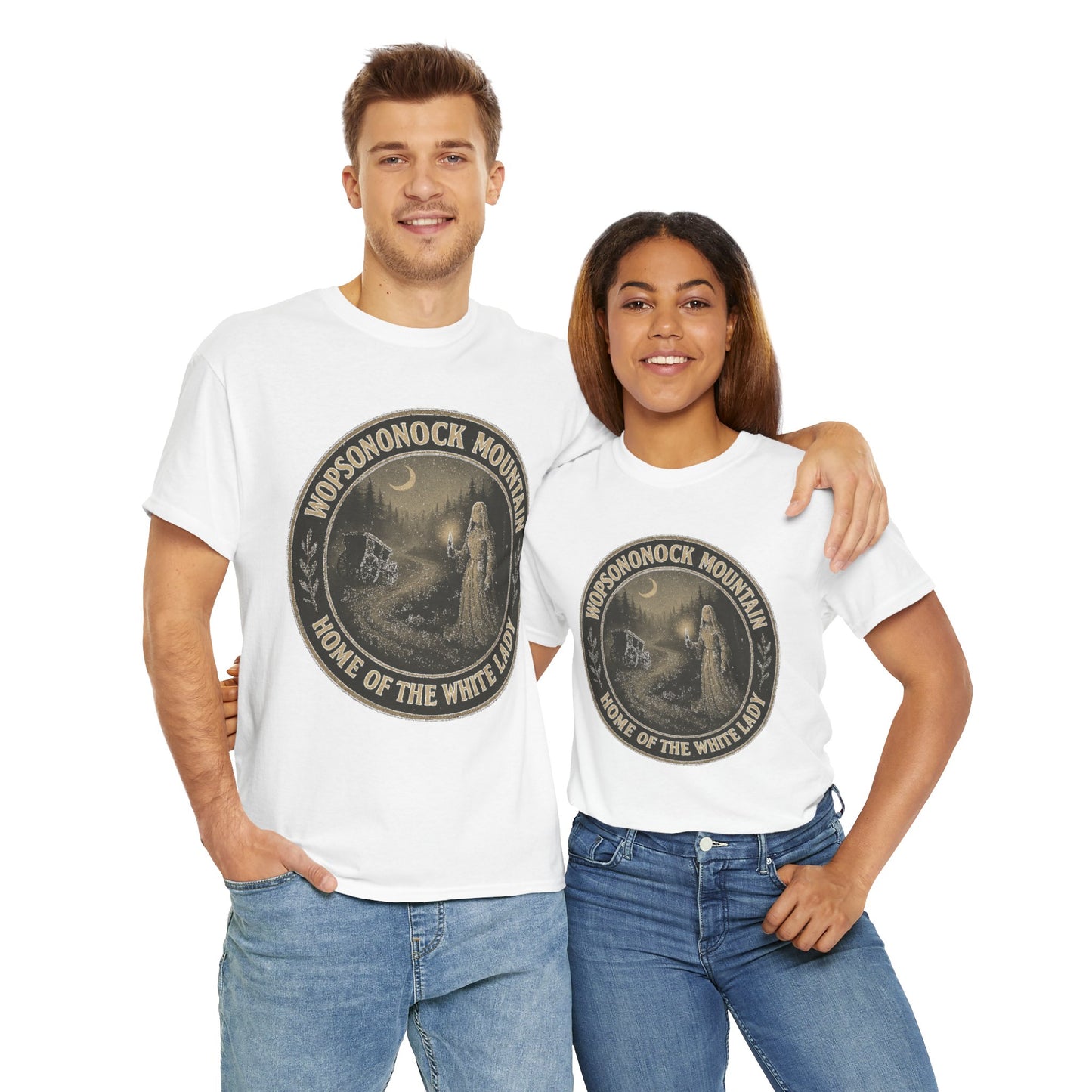 Couple wearing Printify Altoona ghost shirt with Wopsononock Mountain white lady design in white tees