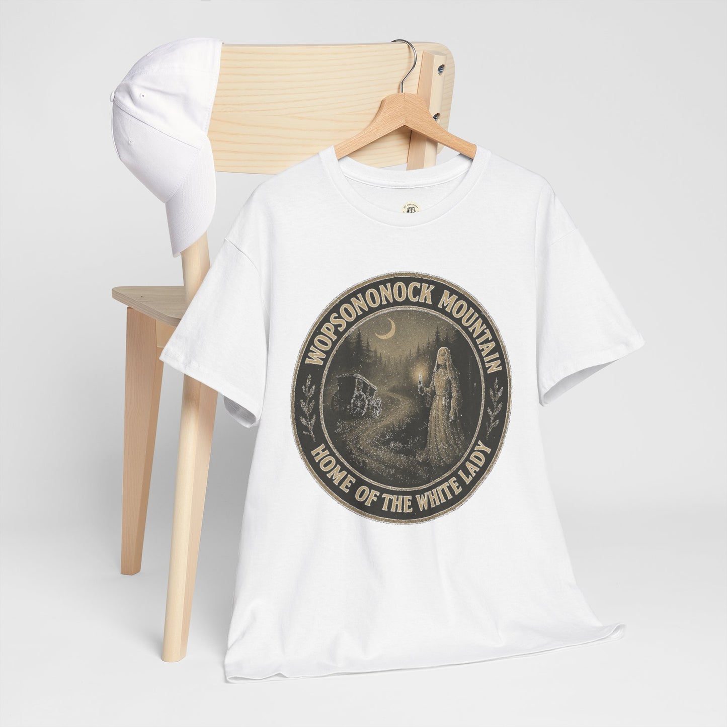 White Printify T-shirt with vintage Wopsononock Mountain ghost design Altoona ghost shirt