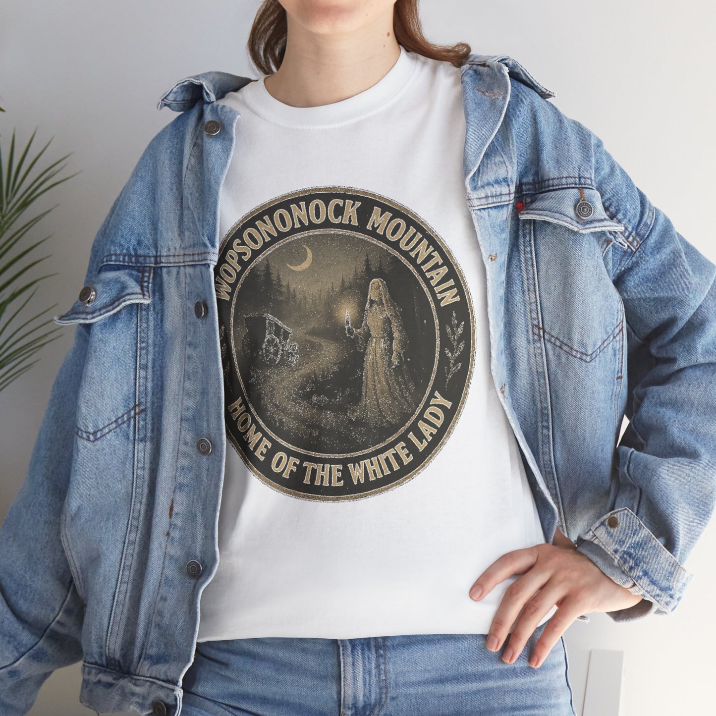 White Altoona ghost shirt featuring Hopsononock Mountain White Lady graphic worn with denim jacket