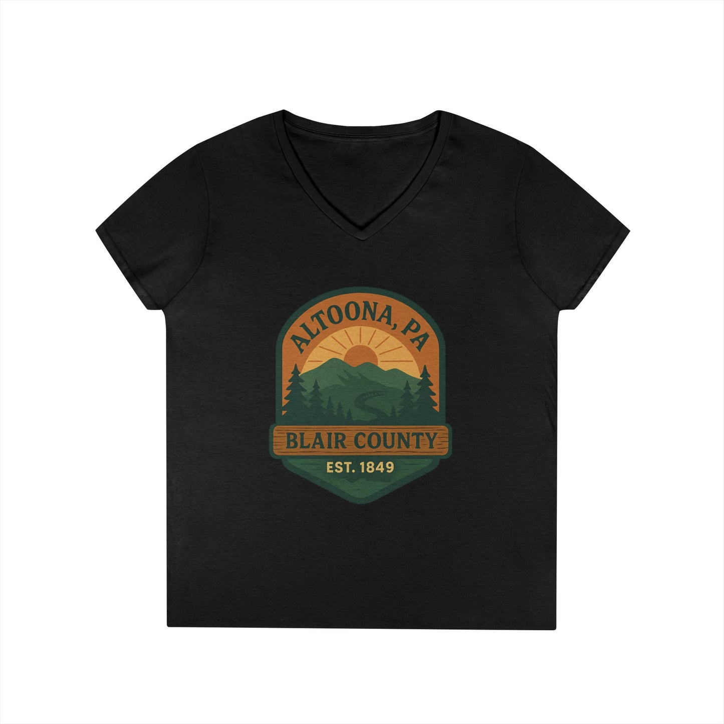 Black V-neck Altoona PA mountain t-shirt with Blair County sunset and mountain design