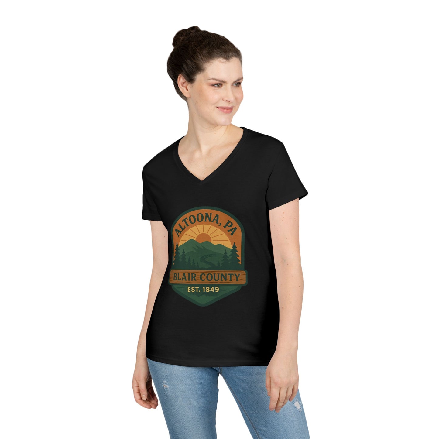 Printify black V-neck Altoona PA mountain t-shirt with Blair County mountain design