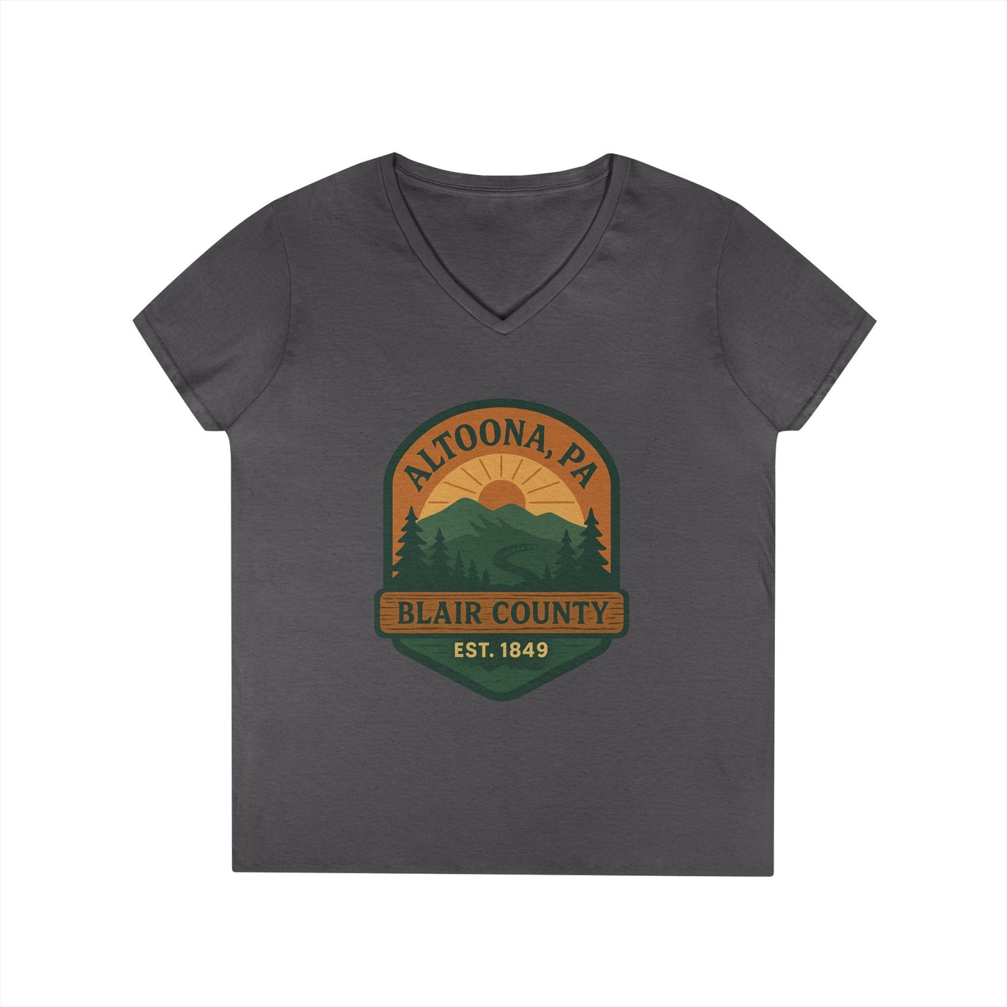 Printify charcoal V-neck Altoona PA mountain t-shirt with Blair County sunset design