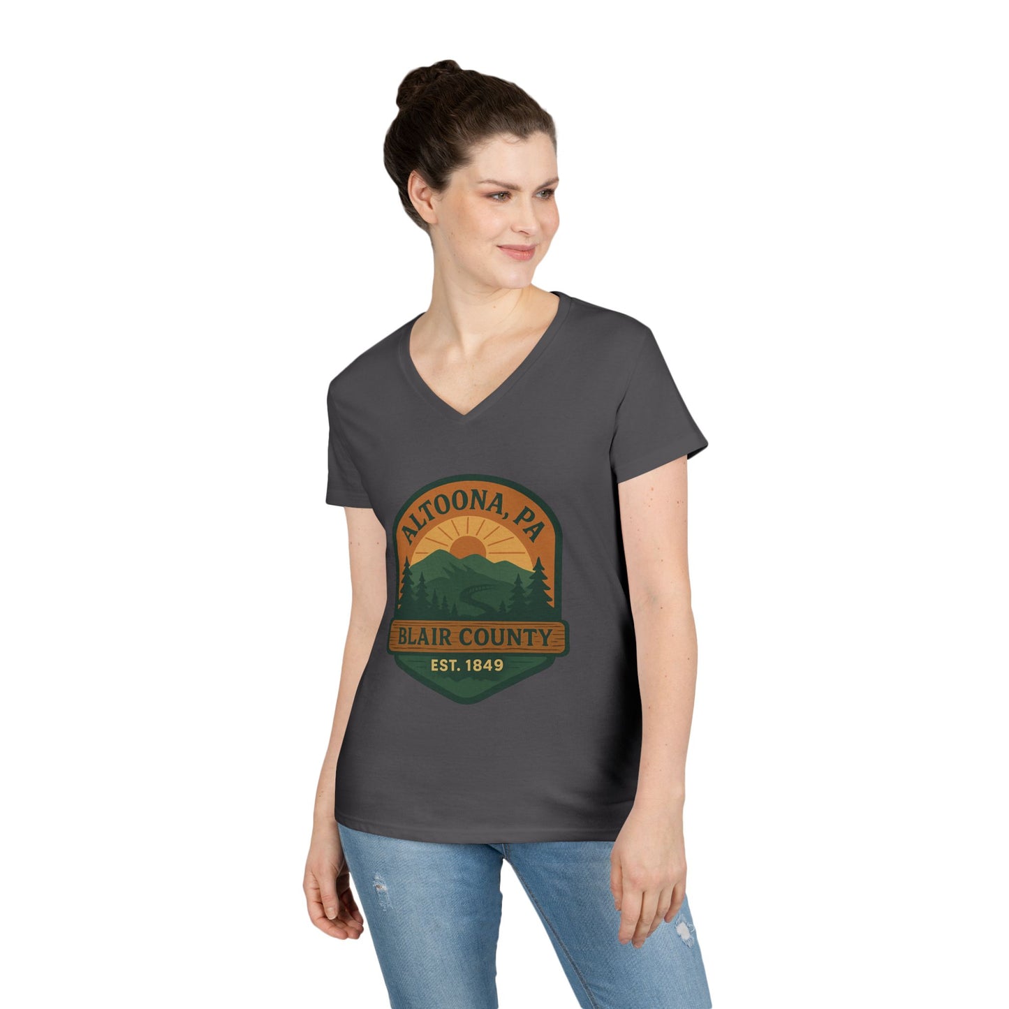 Printify V-neck Altoona PA mountain t-shirt with Blair County sunset and mountain design