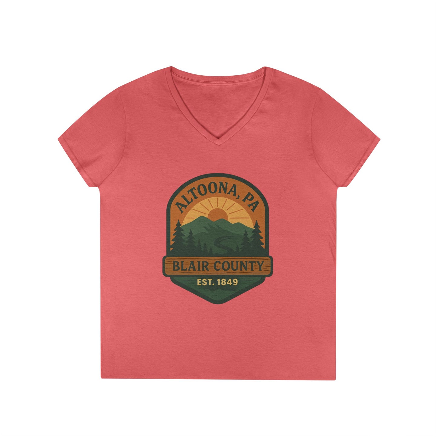 Printify V-neck Altoona PA mountain t-shirt with Blair County nature design in green and orange