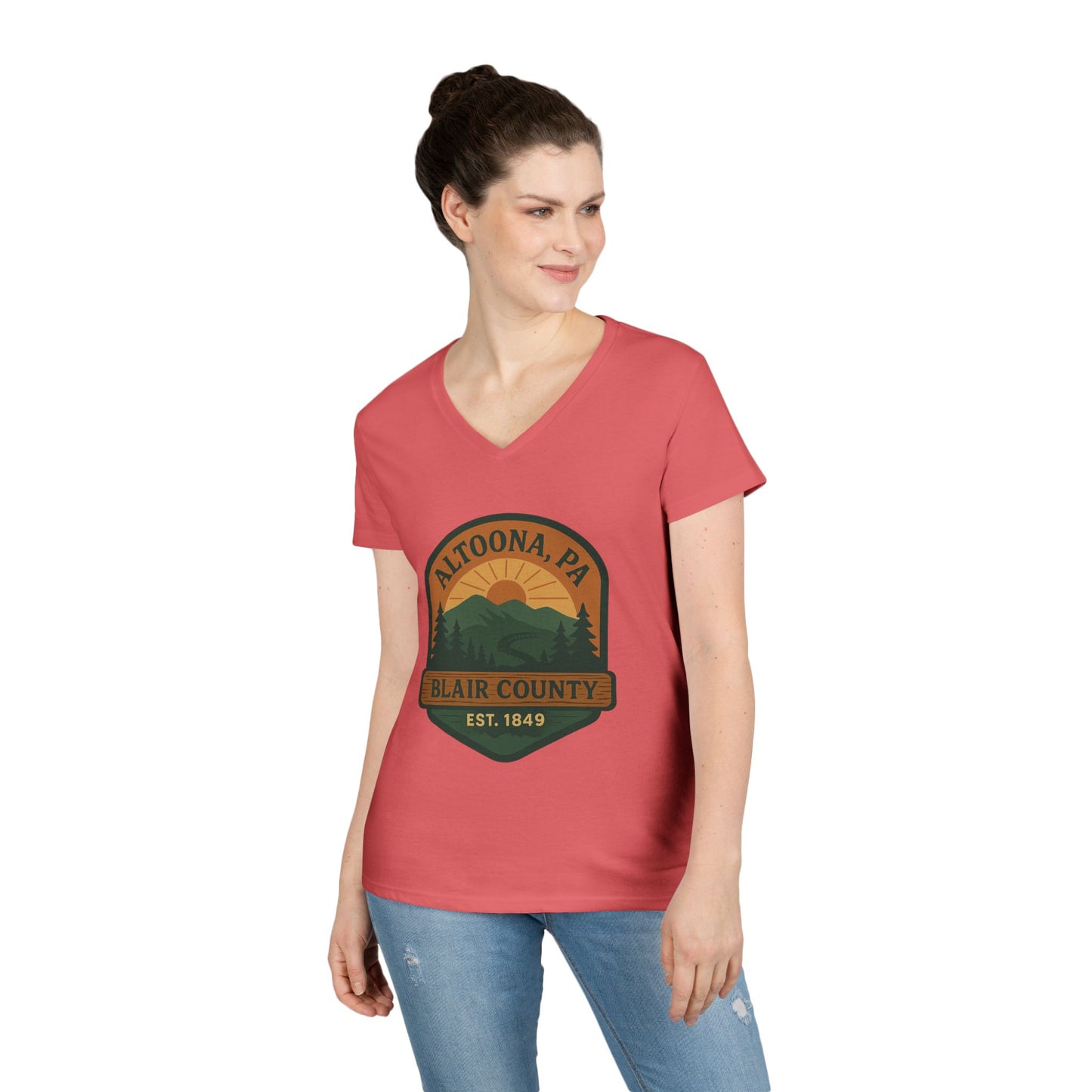 Printify V-neck Altoona PA mountain t-shirt with Blair County graphic worn by woman in casual jeans