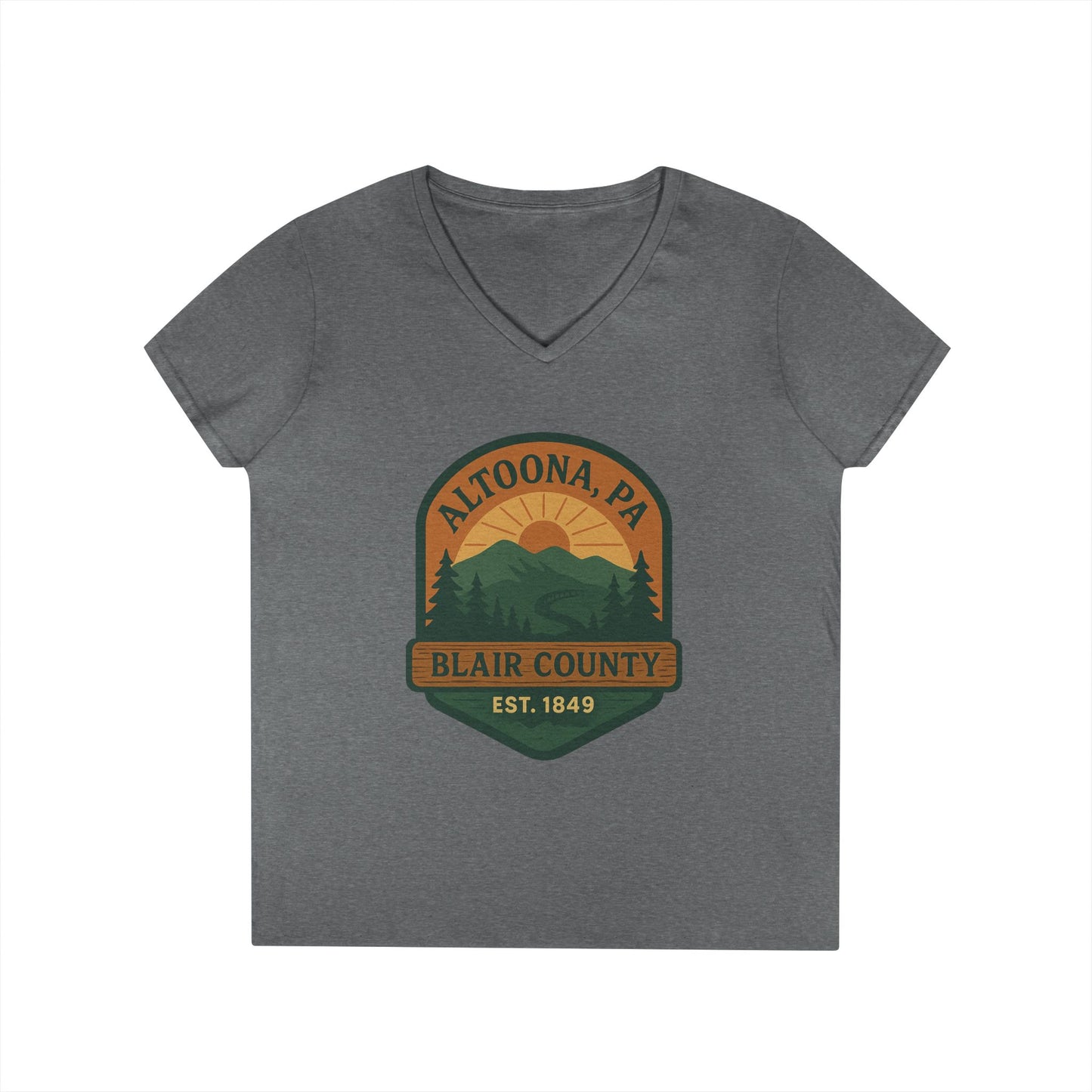 Gray V-neck Altoona PA mountain t-shirt with Blair County sunset and mountain design