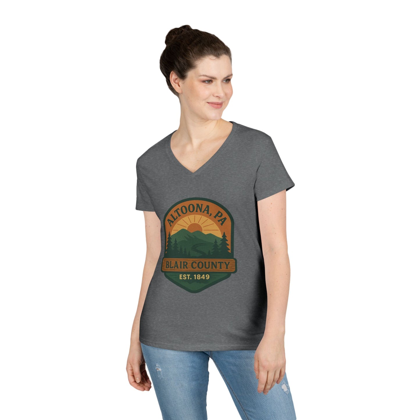 Printify V-neck Altoona PA mountain t-shirt with Blair County design and sunset graphic on gray fabric