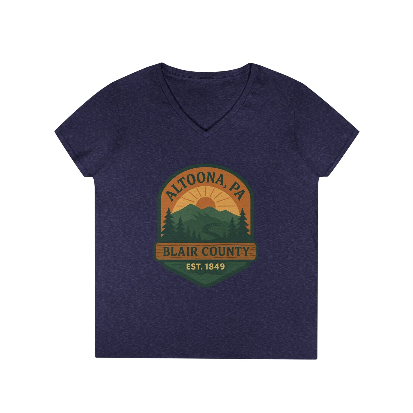 Navy V-neck Altoona PA mountain t-shirt with Blair County sunset graphic from Printify