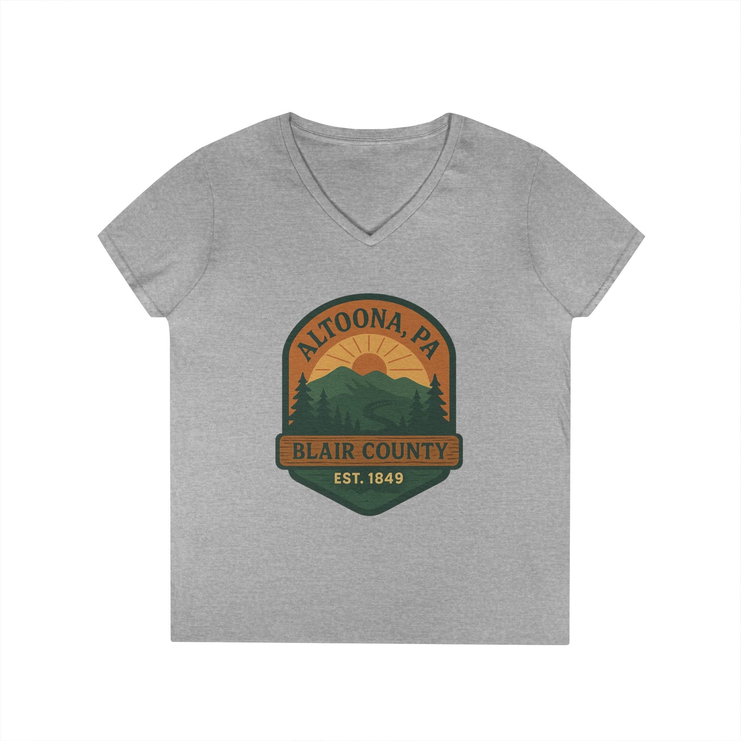 Gray V-neck Altoona PA mountain t-shirt with Blair County vintage sunset design by Printify