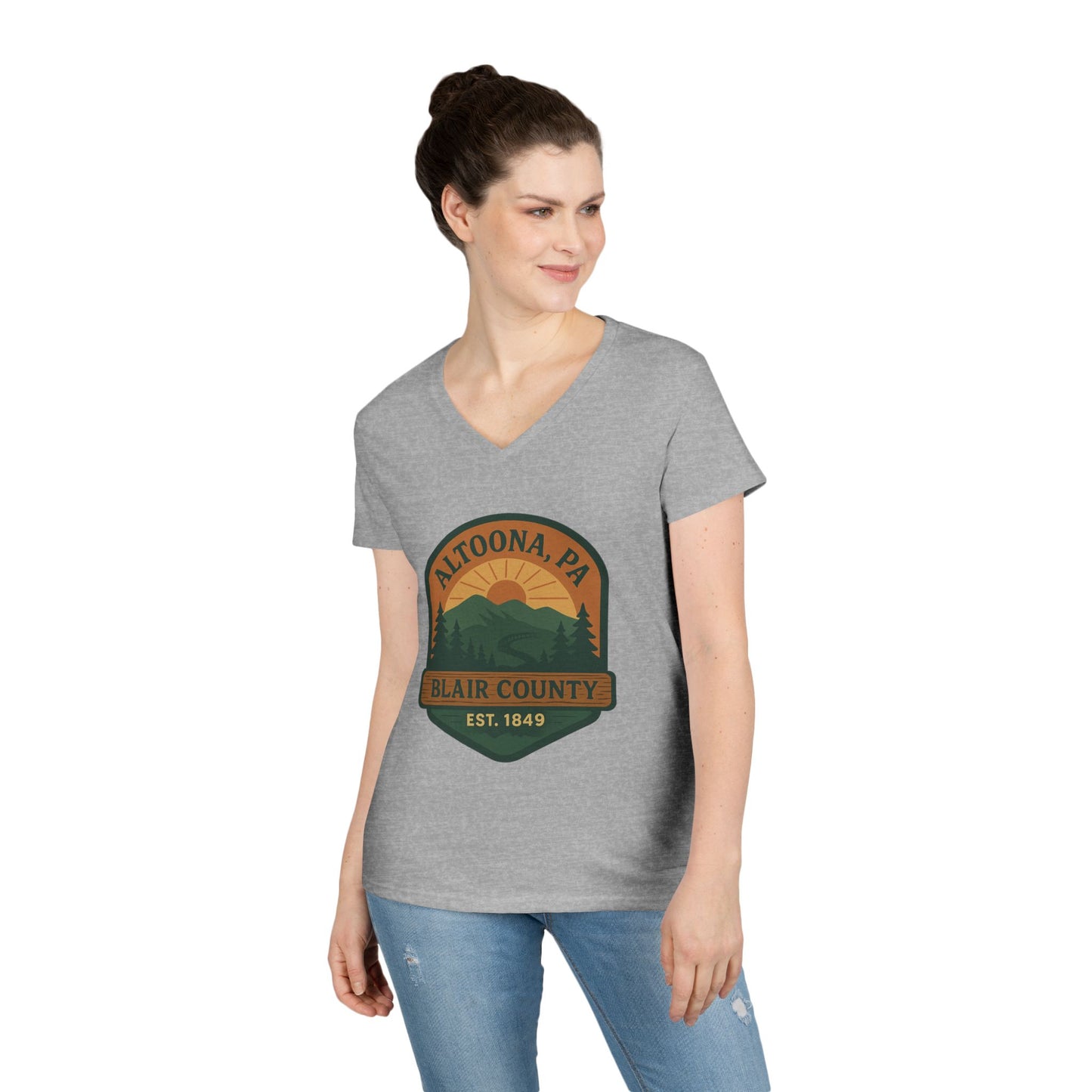 Printify gray V-neck Altoona PA mountain t-shirt with Blair County design worn by woman